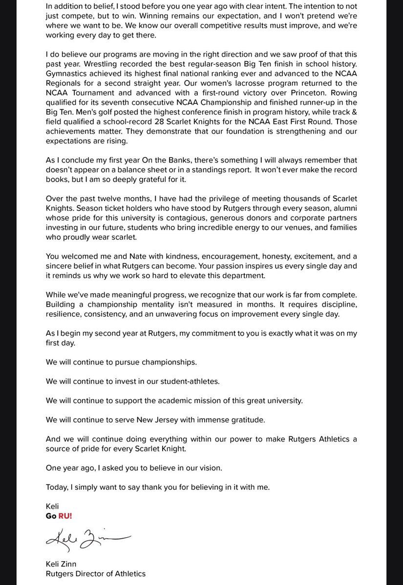 briannnnf's tweet photo. Rutgers AD Keli Zinn sent out a letter to Rutgers fans this morning, the anniversary of her hiring: https://t.co/pcFkLuNuXl