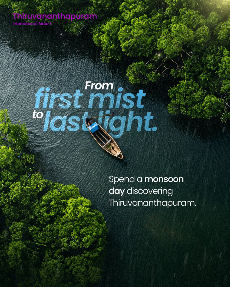 TRV_Airport_Off's tweet photo. There is a certain rhythm to Kerala during the rains, unhurried, refreshing and full of unexpected moments.

This season, make time to experience #Thiruvananthapuram beyond the usual itinerary.

Fly to #ThiruvananthapuramAirport and #FollowTheClouds.

#TRV #ExploreKerala https://t.co/4ssF7Gay3N