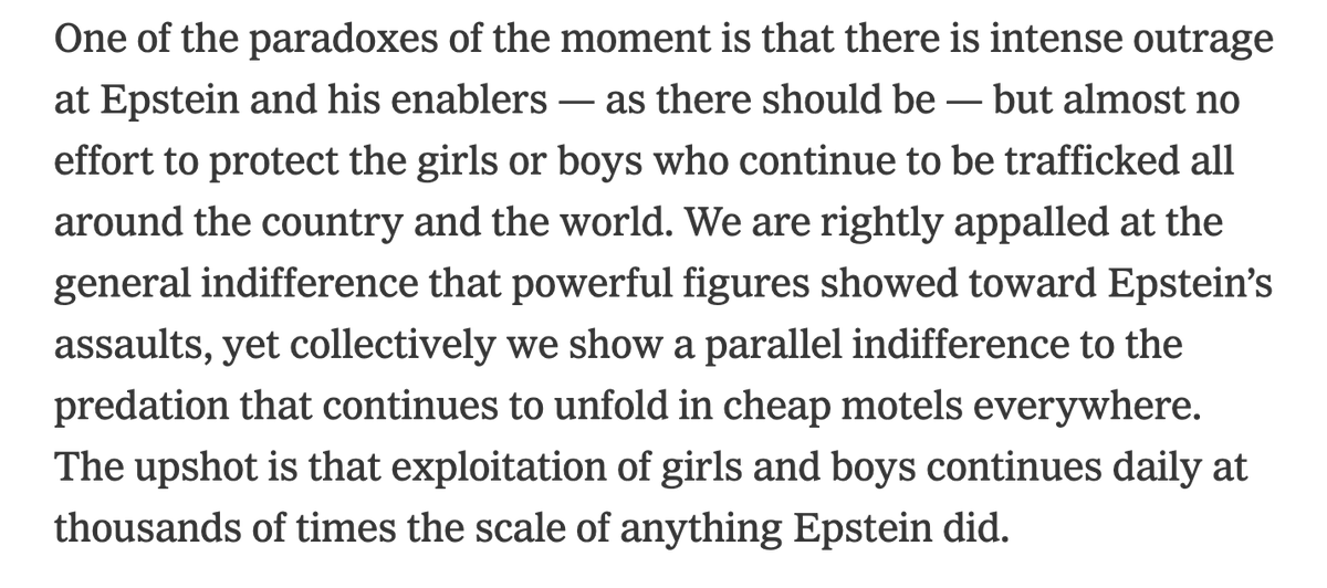 NickKristof's tweet photo. I spoke to young women who had been sex trafficked here in the US as girls, and they all described the disconnect between public outrage at Jeffrey Epstein's circle and public indifference toward the girls sold at cheap motels in every city. A gift link: https://t.co/SyjQLPcWjx https://t.co/HWjw53hzan