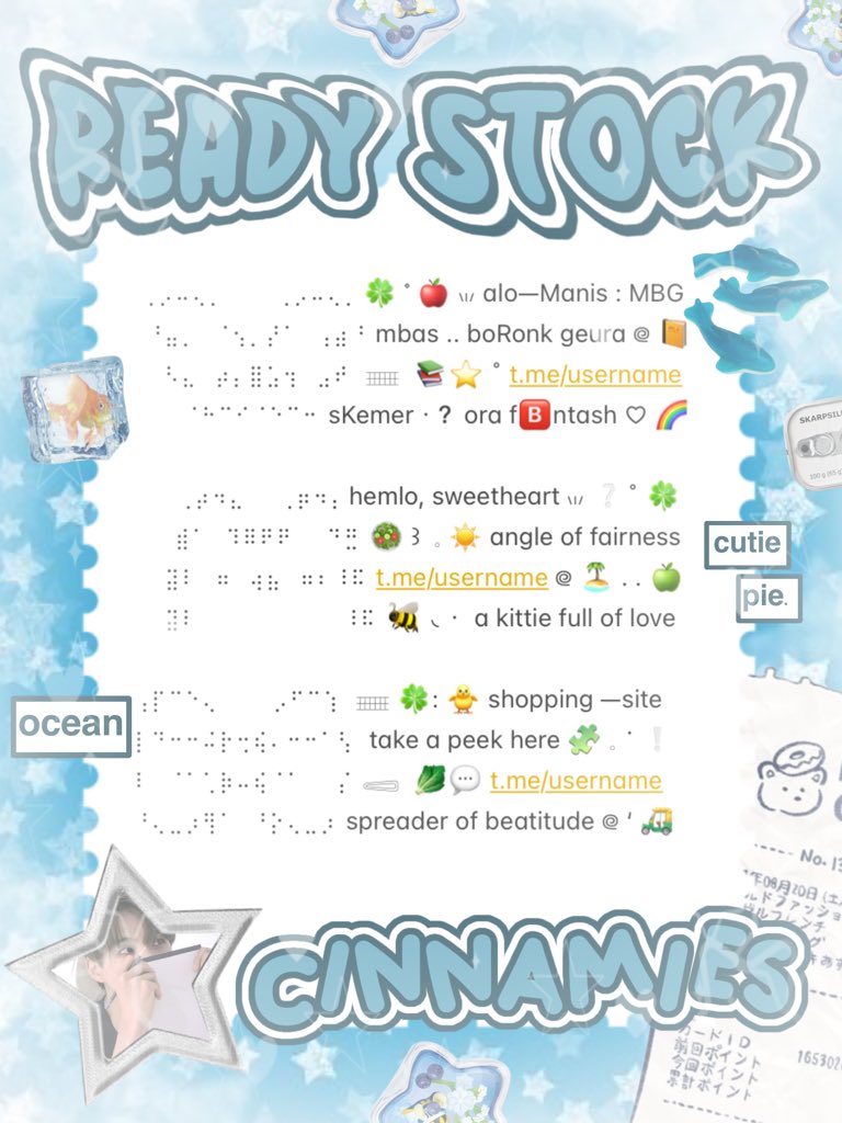 cinnyamies's tweet photo. ╭┈  ֹ   help repost? thankies, sweetie 🐳

{ II } ׁ ๑ 🪽.. haii, timan — timun ?! naka punya wording ready stock nih 𓏏𓏏 ִ ⊹  bio 3.500. 𖢷 pinned, greetings, done payment 5.500/each ׅ  ࣪ ⸝⸝ 💧🦴 yuk, ping chat:ie aku &amp;. take sekarang juga   𓈒˚ >___^ 

#bealanja https://t.co/BtuNW1ZUQ6