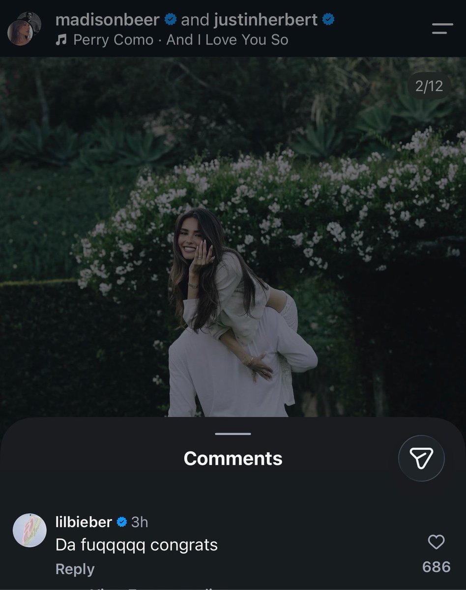 offmybieber's tweet photo. justin’s reaction to madison’s
 engagement post 🥹😭 https://t.co/SdnPc1B0B2