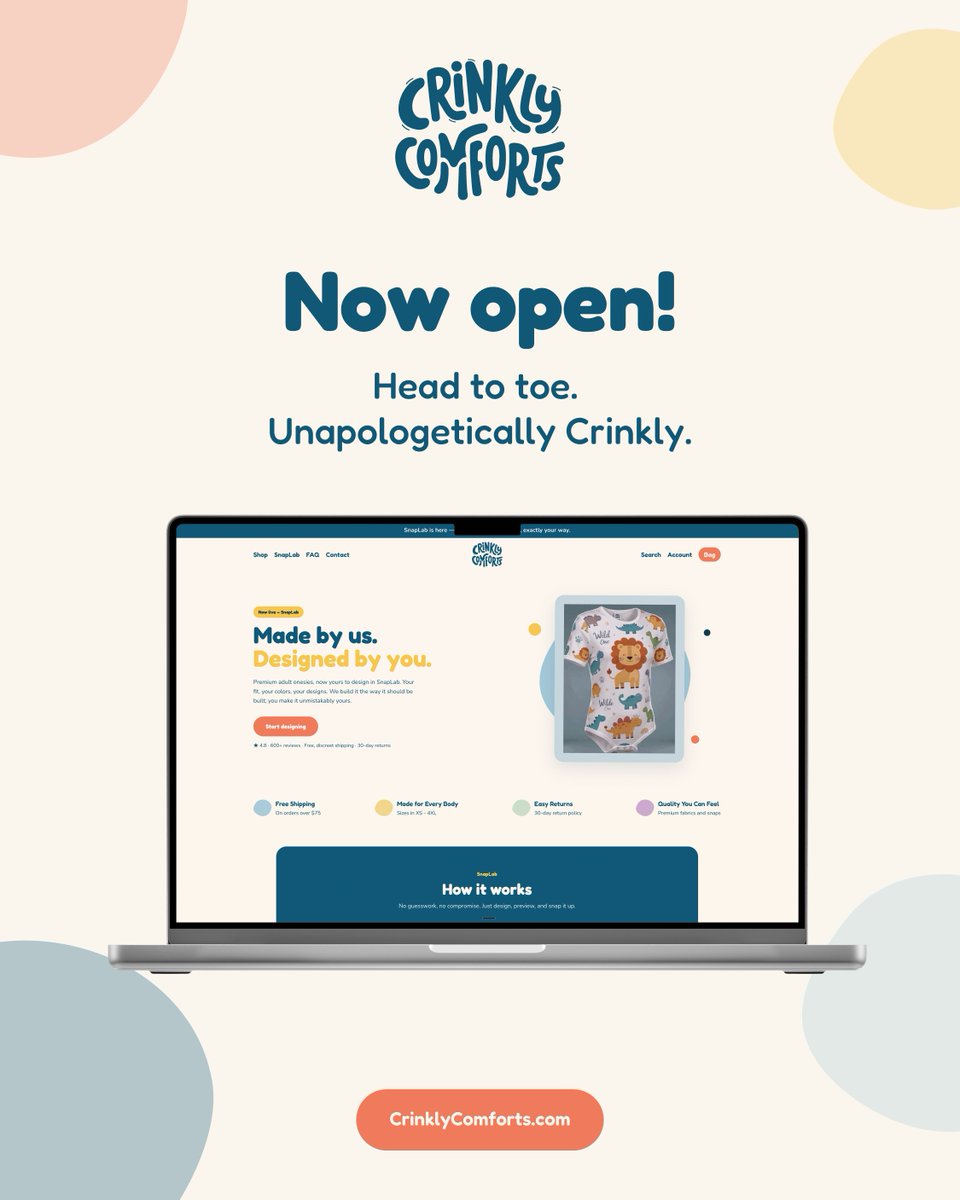 CrinklyComforts's tweet photo. The new site is live! 

And so is SnapLab. Design your own onesie — we build it to order, same construction as the whole line. 

Took us months. Takes you five minutes. https://t.co/y6nJgbTCYU https://t.co/PTskHopEOV