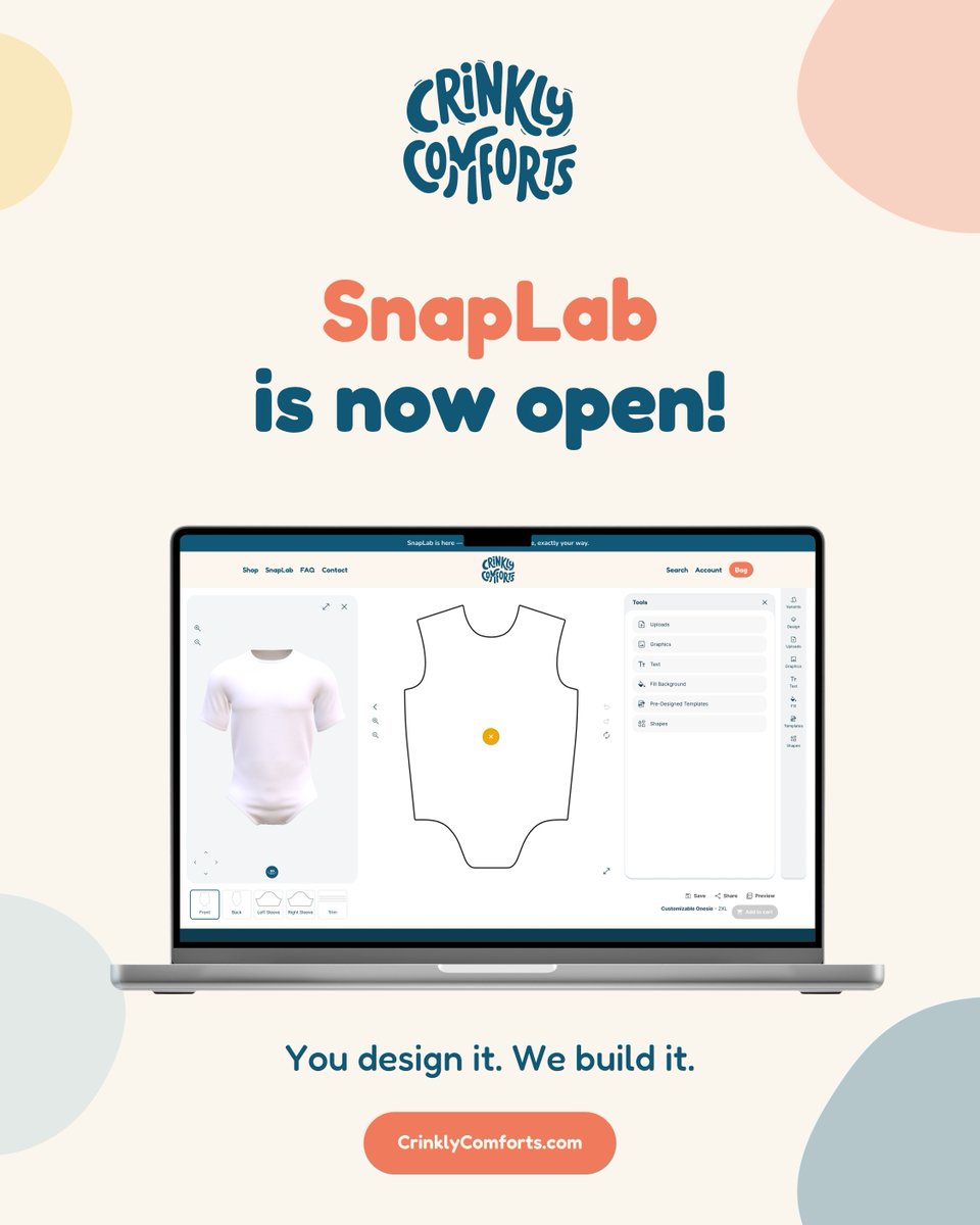 CrinklyComforts's tweet photo. The new site is live! 

And so is SnapLab. Design your own onesie — we build it to order, same construction as the whole line. 

Took us months. Takes you five minutes. https://t.co/y6nJgbTCYU https://t.co/PTskHopEOV