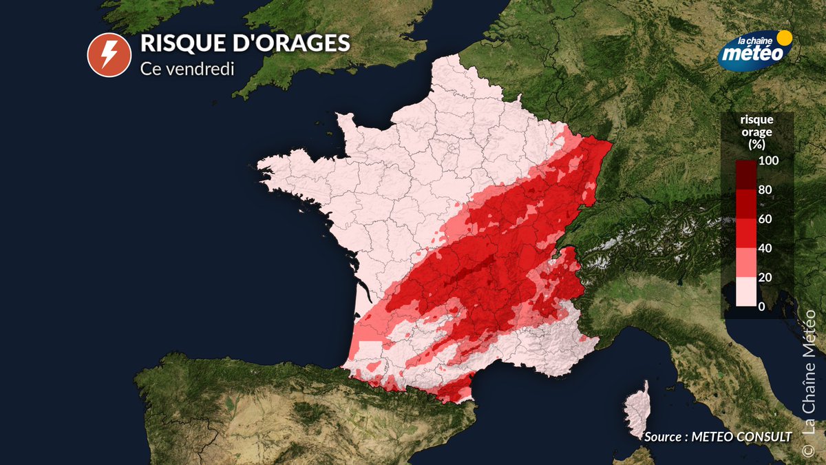 lachainemeteo's tweet photo. ⛈️Attention aux #orages localement violents en cours de journée de vendredi. Le risque concerne surtout les régions Auvergne-Rhône-Alpes, Bourgogne-Franche-Comté et Alsace. Fortes pluies, #grêle et #rafales jusqu'à 100 km/h sont à craindre. https://t.co/xxSCep6SNG