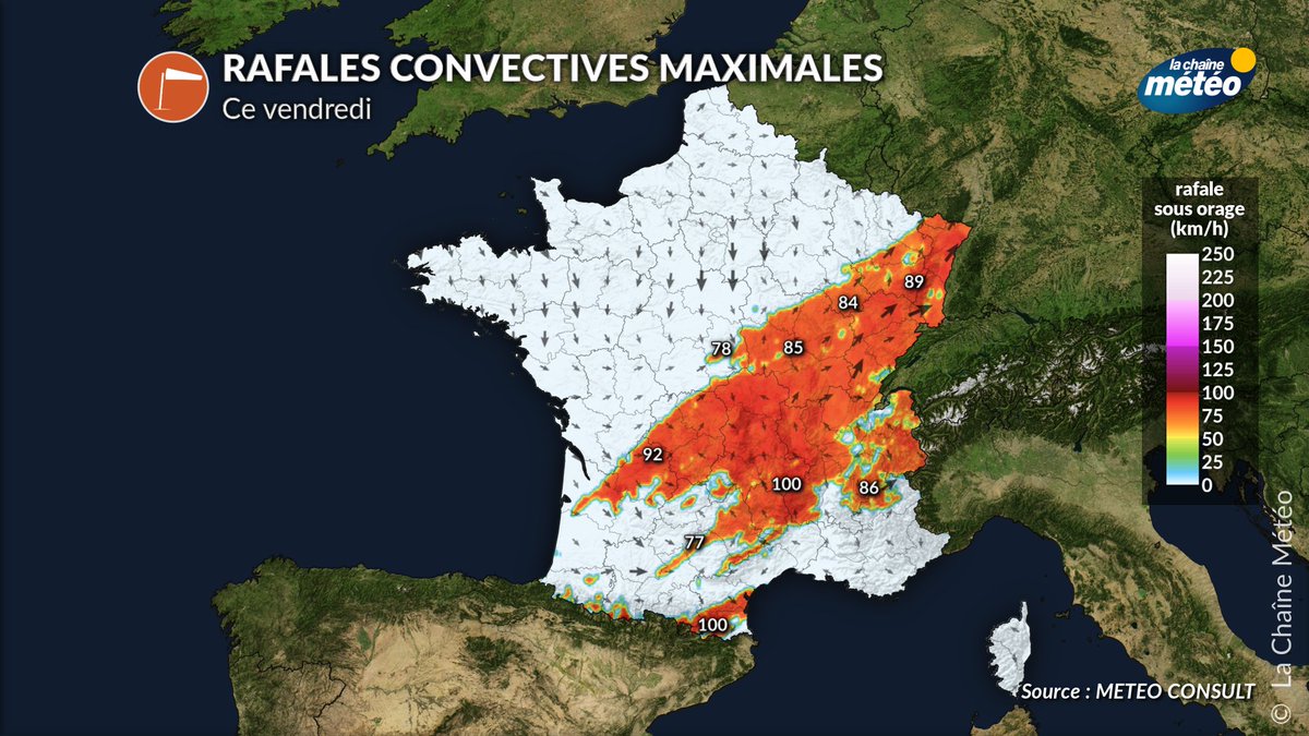 lachainemeteo's tweet photo. ⛈️Attention aux #orages localement violents en cours de journée de vendredi. Le risque concerne surtout les régions Auvergne-Rhône-Alpes, Bourgogne-Franche-Comté et Alsace. Fortes pluies, #grêle et #rafales jusqu'à 100 km/h sont à craindre. https://t.co/xxSCep6SNG