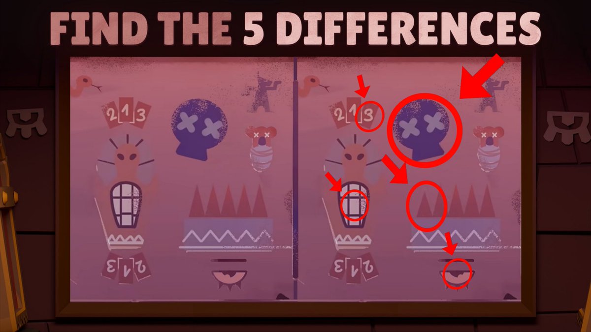 JozzHub's tweet photo. @BrawlStars 1: La calavera está invertida
2: El pincho es más pequeño
3: El iris del ojo está invertido
4: El número está escrito de diferente forma
5: El rectángulo está centrado
#BrawlStars #EscapePyramidQuest https://t.co/nv6OagQjLa