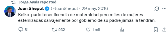 MarySaenz_P's tweet photo. Hola @KeikoFujimori tu ministro Sheput te recuerda que tu papá esterilizó a miles de mujeres. https://t.co/S4JlP4c1zR