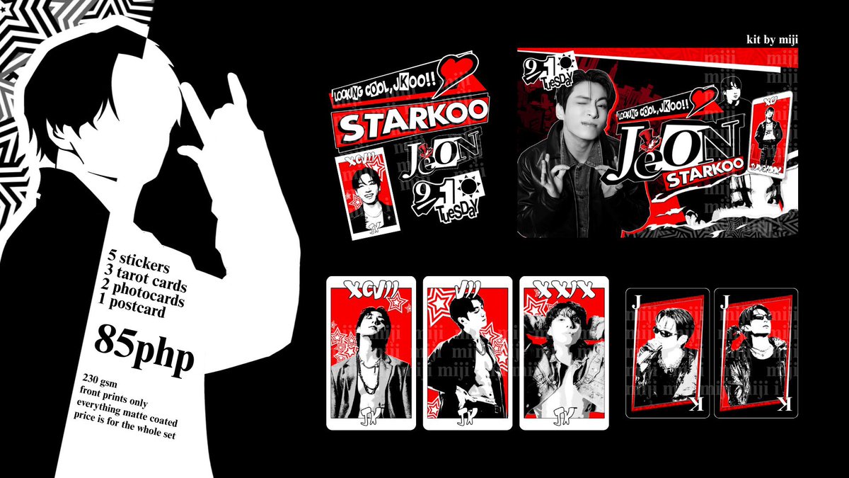 mijiniks's tweet photo. hii ano po yung mga item sa birthday kit ni jk?? — helloo, 5 diecut stickers, 3 tarot cards, 2 photocards, and 1 postcard. all front prints and matte coated ^^ https://t.co/hTYH3ZLJaA https://t.co/YFEHJnmE8E