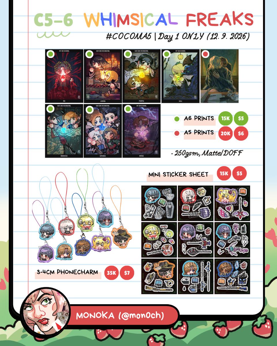 mon0ch's tweet photo. [RT=🫶] 

It’s here! My Cocoma 5 (ID) and Ko-fi shop pre-order (intl) catalogue! 
Pickup &amp; mail order = OK

💚 Fandom: Limbus Company, Library of Ruina, Lobotomy Corporation
🍎 C5-6 Whimsical Freaks (Sat only)
📆 Jul 30 - Aug 13
🔗 below in thread (1/2) 

#cocoma5 #limbuscompany https://t.co/FMtkvhmKxK