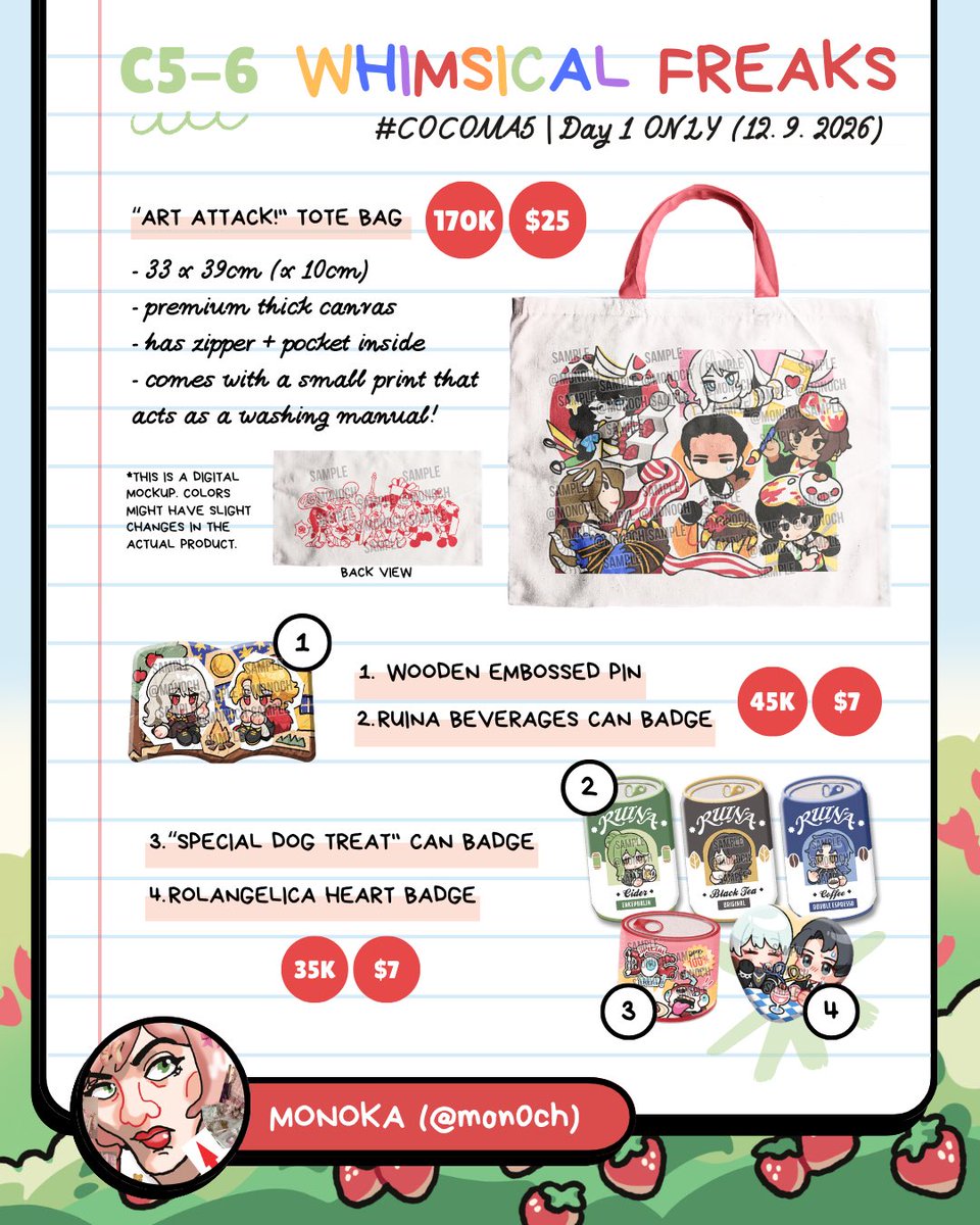 mon0ch's tweet photo. [RT=🫶] 

It’s here! My Cocoma 5 (ID) and Ko-fi shop pre-order (intl) catalogue! 
Pickup &amp; mail order = OK

💚 Fandom: Limbus Company, Library of Ruina, Lobotomy Corporation
🍎 C5-6 Whimsical Freaks (Sat only)
📆 Jul 30 - Aug 13
🔗 below in thread (1/2) 

#cocoma5 #limbuscompany https://t.co/FMtkvhmKxK