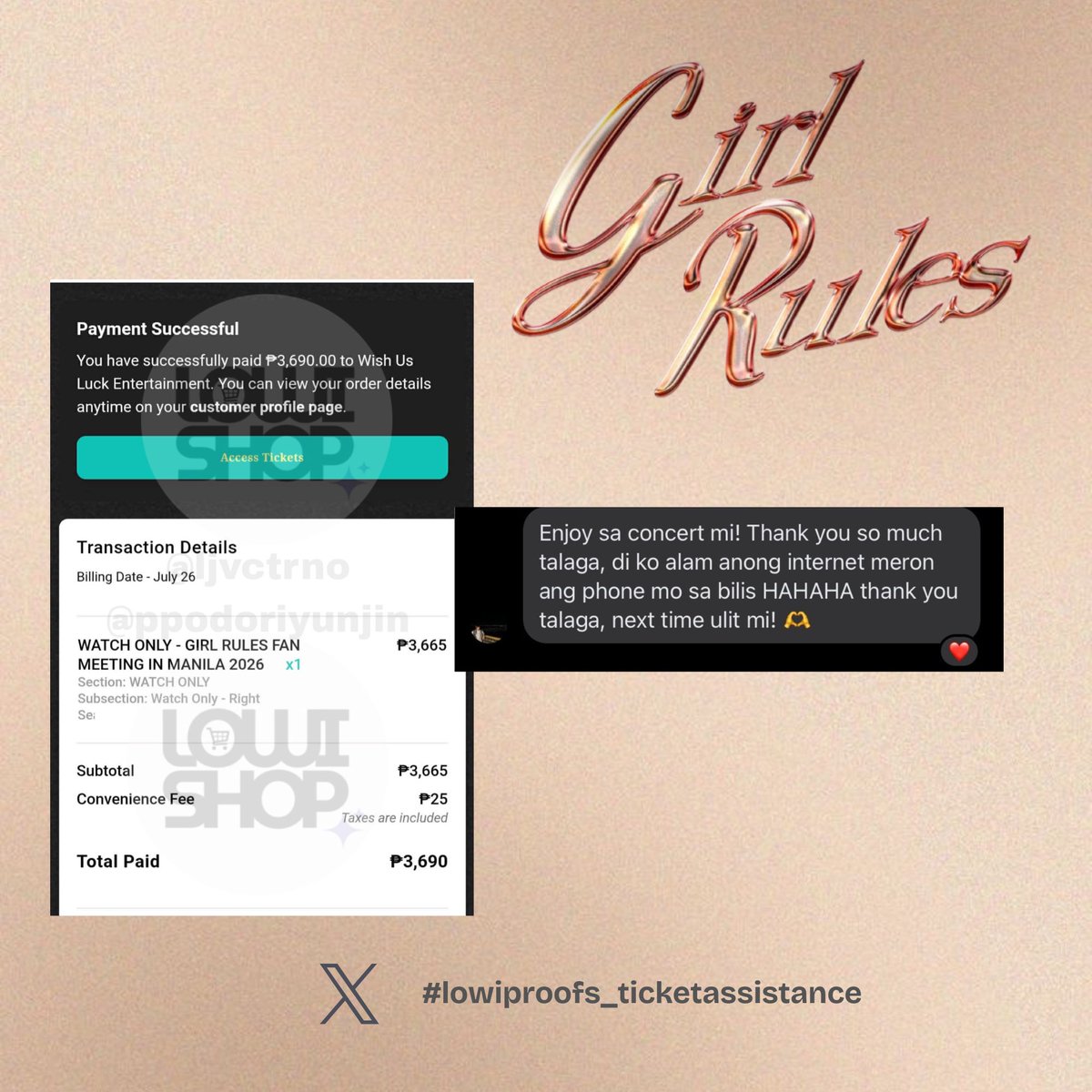 ppodoriyunjin's tweet photo. This is the Proof of transaction 📩

 Thank you for trusting my ticketing assistance for the GIRL RULES FAN MEETING IN MANILA. I’m always here to make your journey smooth and hassle-free. 🤍

📍 #lowiproofs_ticketassistance 

#GirlRulesSeries
#GirlRulesFMinManila
#GMMTV https://t.co/SUGyBbw6an