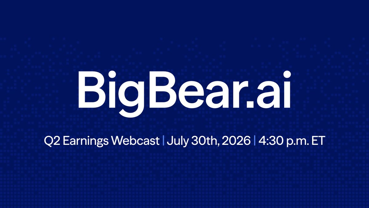 bigbearai's tweet photo. Tune in today as https://t.co/rxtjfyjVZj (NYSE: $BBAI) announces Q2 2026 financial results. 

Join CEO Kevin McAleenan and CFO Sean Ricker for our earnings call at 4:30 p.m. ET. Our earnings release will be issued at approximately 4:15 p.m. ET. 

https://t.co/luCefBUSot https://t.co/rTBL4MJrSd