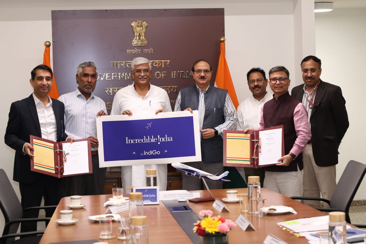 tourismgoi's tweet photo. A new partnership takes flight.

The Ministry of Tourism and @IndiGo6E will collaborate to take the Incredible India story to millions through digital platforms, airport branding, in-flight channels and international outreach.

#IncredibleIndia #Travel #India https://t.co/rO9pKrStdL