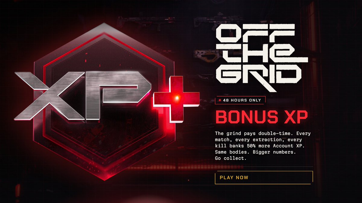 playoffthegrid's tweet photo. The Clock's Running⚡

+50% Account XP on everything for the next 48 hours. Every extraction pays double-time.

If you've been meaning to grind. 

Play NOW! https://t.co/CJw6XplFn7