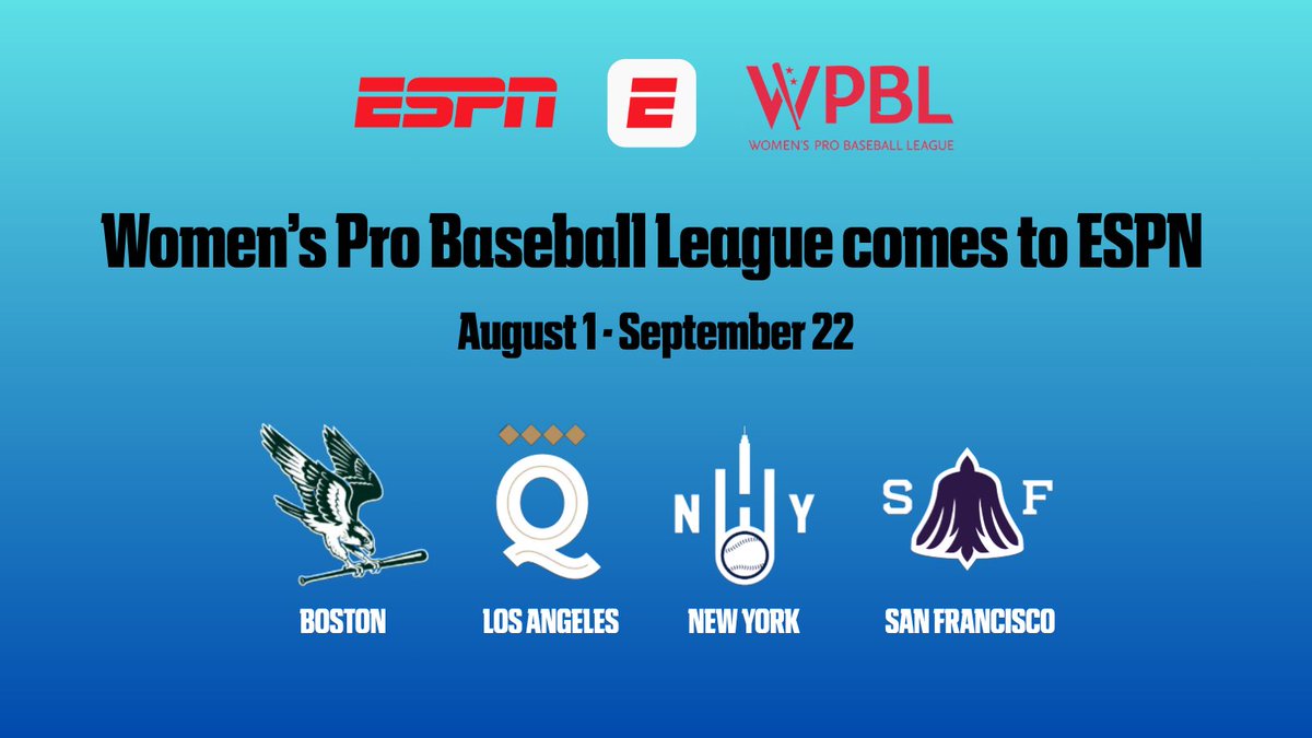 ESPNPR's tweet photo. ESPN is the home of the Women's Pro Baseball League for it's inaugural season

⚾️ 30 regular season games 
⚾️ Postseason &amp; Championship exclusively on ESPN

More: https://t.co/SU28wtyMuD https://t.co/gpXIqCWWov