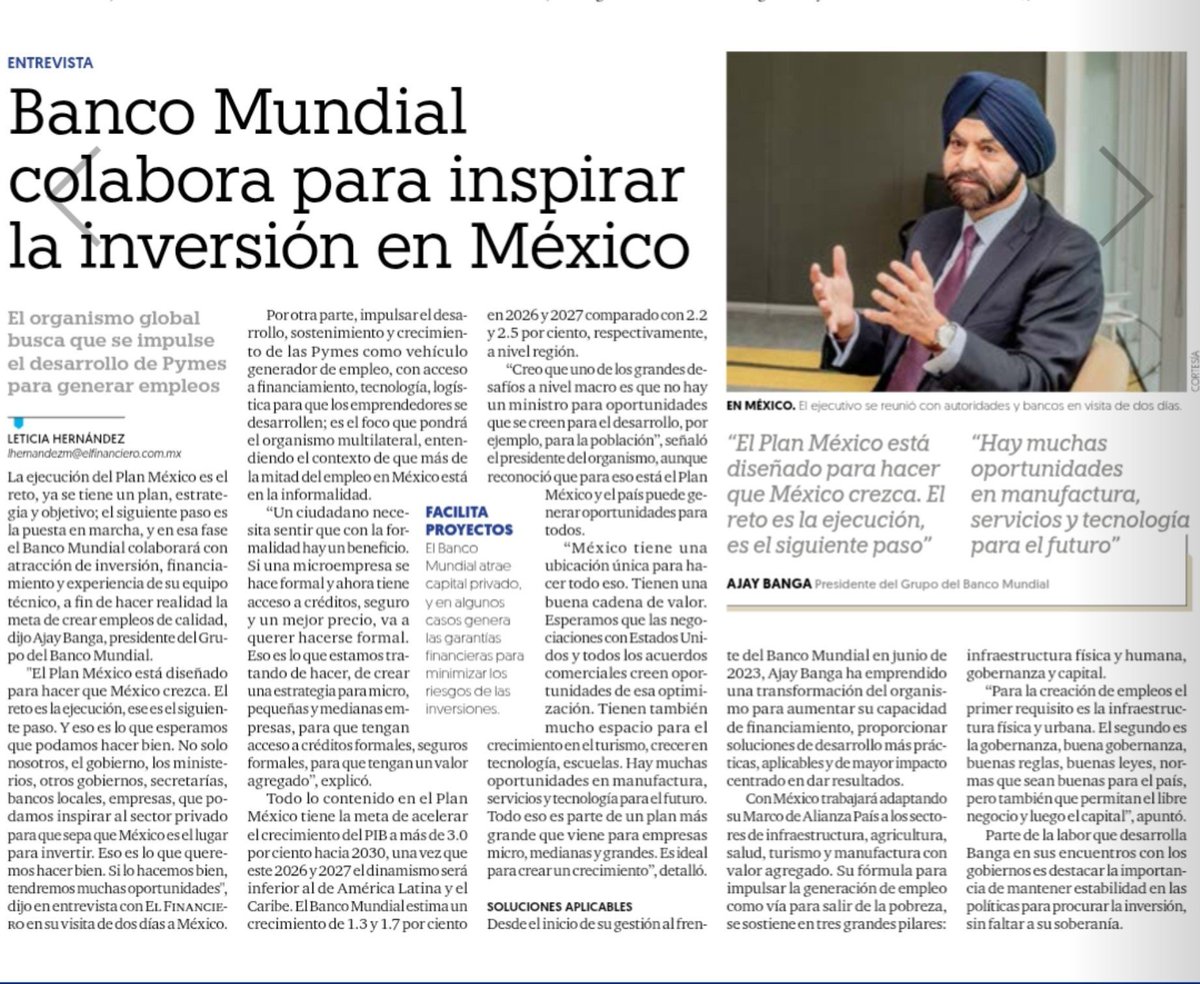 letymoron's tweet photo. Inspirar la #inversión en #México para generar #empleo, apoyo del #BancoMundial al #PlanMexico. #Entrevista a Ajay Banga en @ElFinanciero_Mx 
@BancoMundialLAC https://t.co/eelGXKOTqD