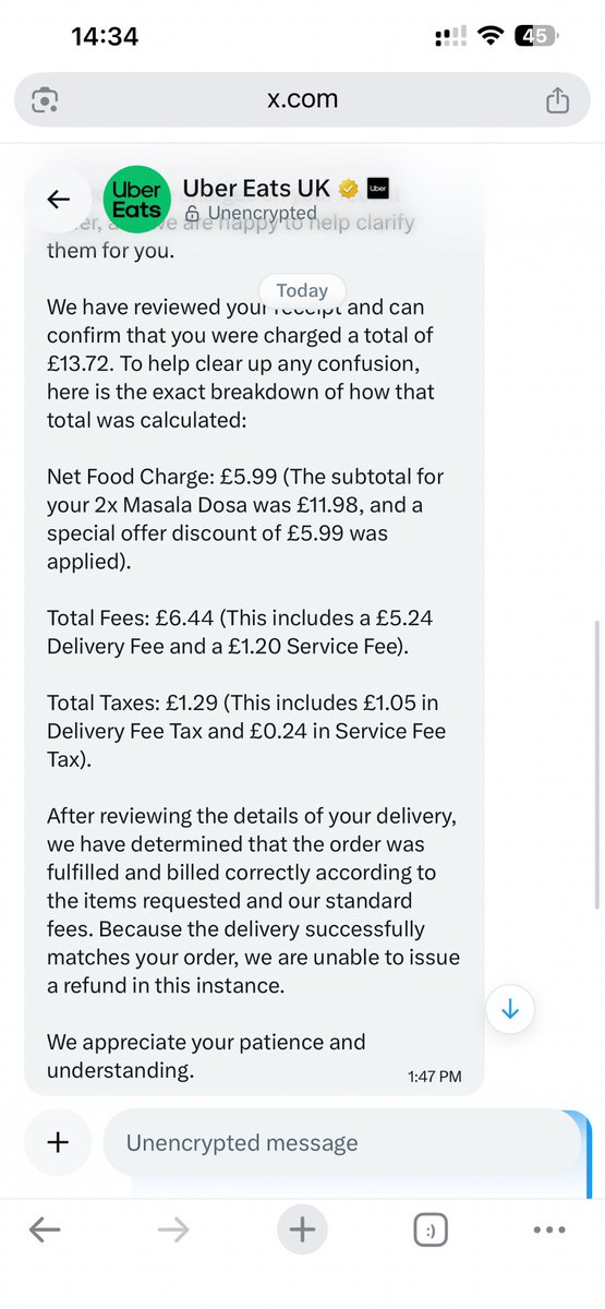 SriniBru's tweet photo. @ubereats_uk This is the reply i got from you. I am so frustrated. No one is stupid enough to place 5.99 order with 6£ delivery. I had placed order for £18 its not even showing unavailable items which came as notification. https://t.co/r5tLtbBFMK