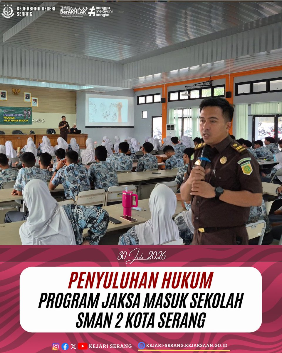 kejariserang's tweet photo. Kamis 30 Juli 2026, Bidang Intelijen Kejaksaan Negeri Serang melaksanakan kegiatan Penyuluhan Hukum Program Jaksa Masuk Sekolah (JMS) di SMA Negeri 2 Kota Serang, yang diikuti oleh perwakilan siswa/i kelas XII dengan mengangkat tema Cyber Bullying. https://t.co/kLNAZ5bjtr