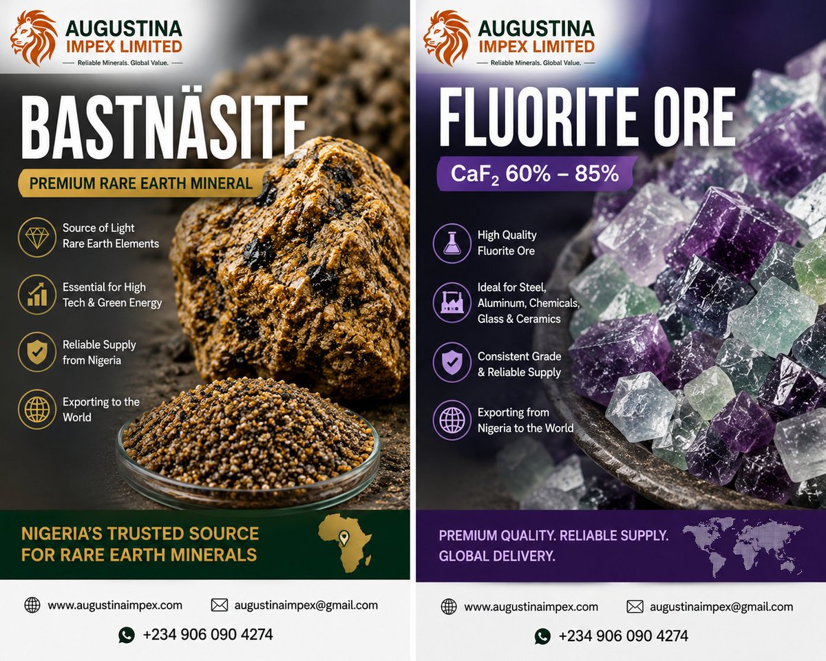 augustinaimpex's tweet photo. 🌍 Premium Bastnasite supplier from Nigeria. Reliable source of rare earth minerals for magnets, EVs, renewable energy &amp; advanced industries. Bulk supply available worldwide. 📩 Contact us today. #Bastnasite #RareEarth #NigeriaMining #CriticalMinerals #MineralExport https://t.co/OCoh49tnKu
