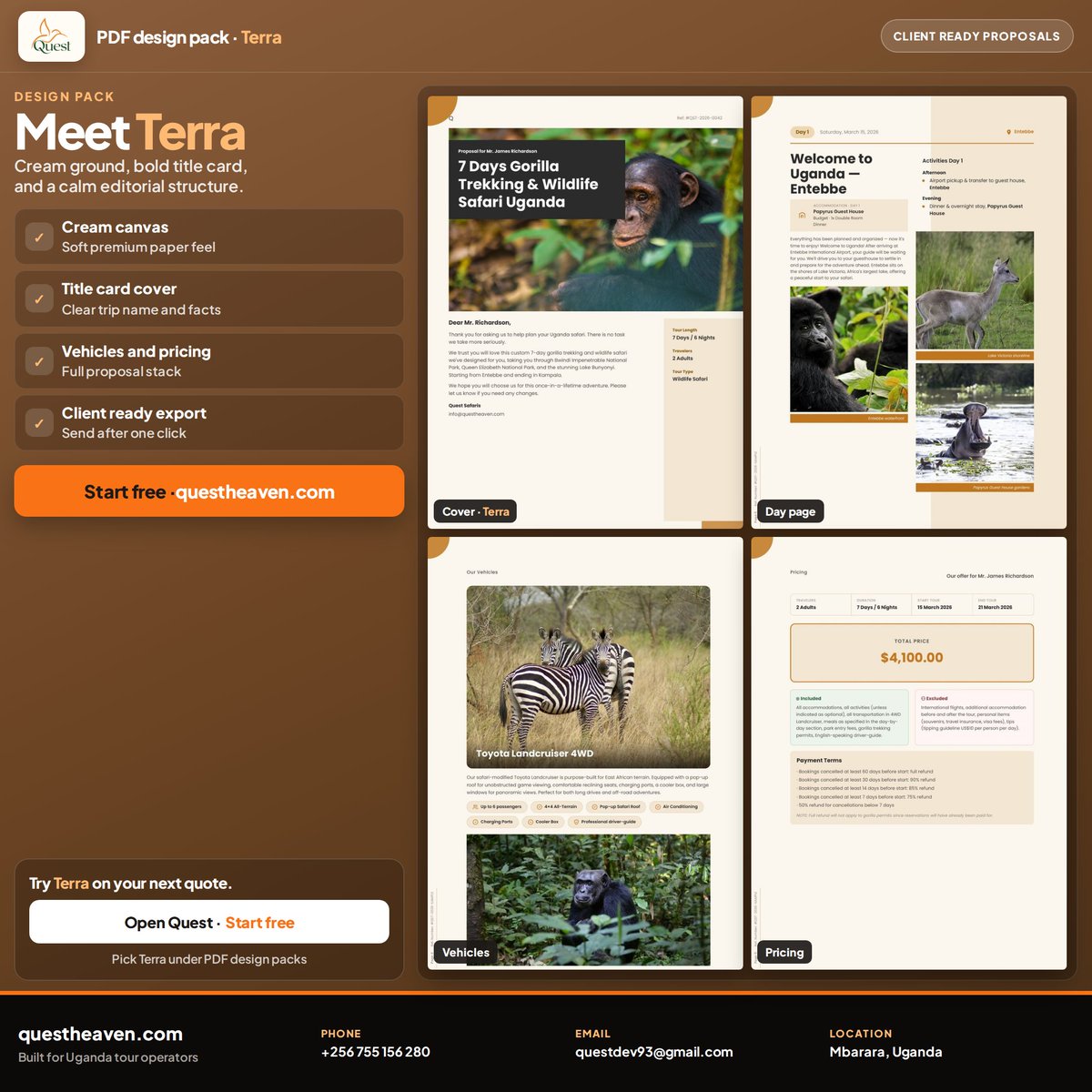 Questsafarisug's tweet photo. Your client judges the trip by the proposal.

With Quest, one quote can become different professional PDF designs.
Your brand on top. Real rates underneath.

Built for Uganda tour operators.
https://t.co/7eckWJfAF6 https://t.co/h2R51z440X