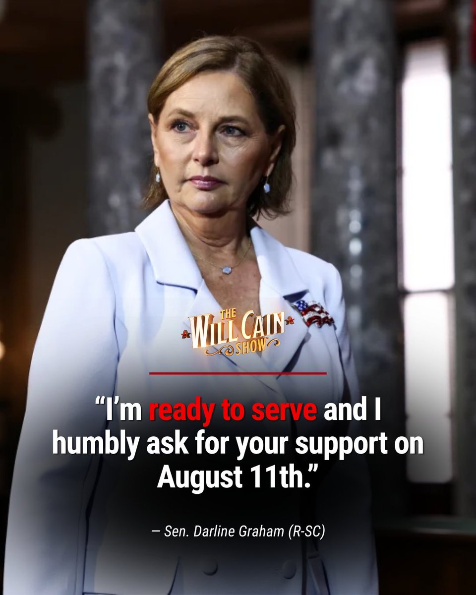 WillCainShow's tweet photo. DARLINE GRAHAM: "I'M READY TO SERVE" 🇺🇸

South Carolina Sen. Darline Graham, the sister of the late Sen. Lindsey Graham who was appointed earlier this month to fill his Senate seat, released a new campaign video as she seeks the Republican nomination in the Aug. 11 special primary. "I'm ready to serve and I humbly ask for your support on August 11th."