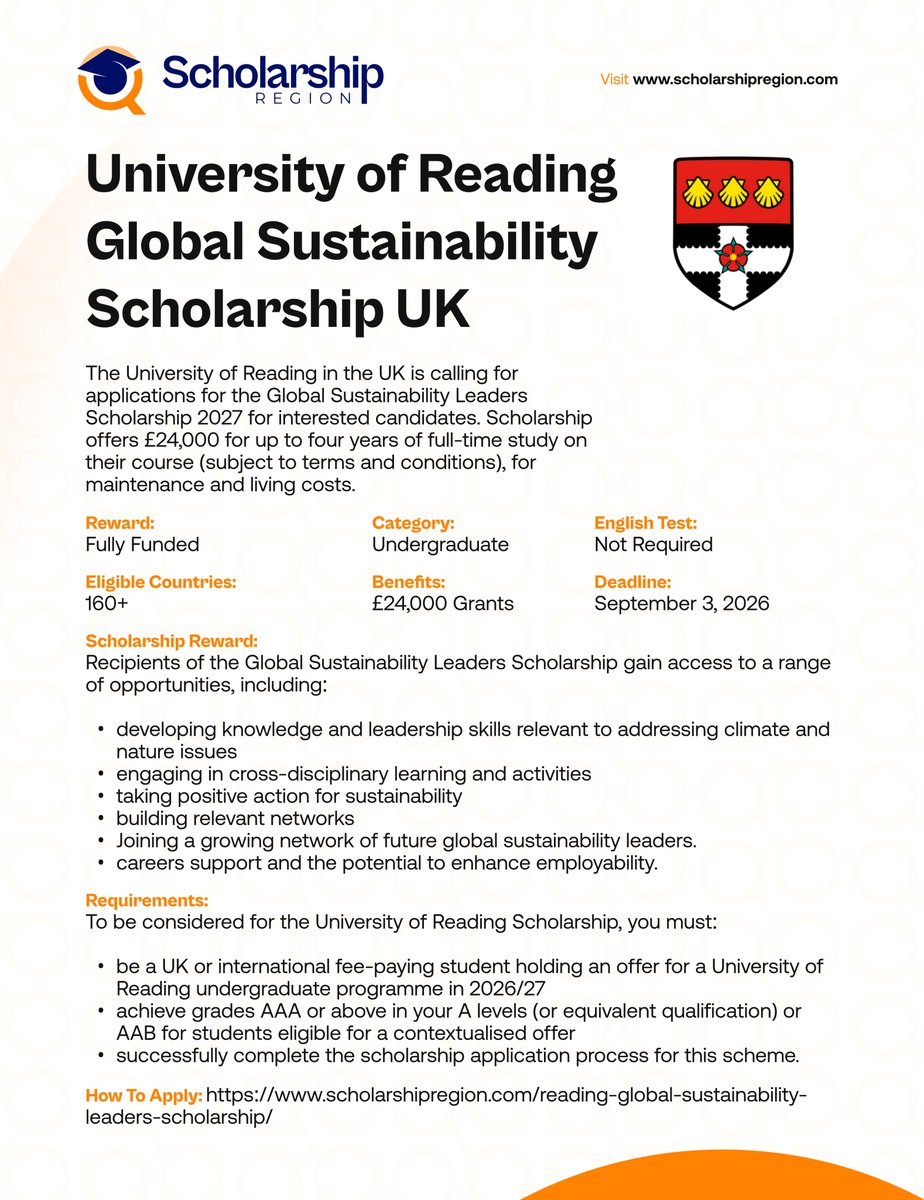 scholarsregion's tweet photo. United Kingdom Scholarships Without IELTS or TOEFL for International Students in 2026/27 #SRThread
Mastercard AfOx Scholarship at University of Oxford, UK 2027 | Fully Funded
https://t.co/wRLgFwhQhT
UK Government Chevening Scholarship 2027 | Fully Funded
https://t.co/CPQ7shk1mf
University of Birmingham Research Scholarship in UK 2027 | Fully Funded
https://t.co/mPlbKqjPj2
Rhodes West Africa Scholarship in UK 2027 | Fully Funded
https://t.co/4B1hklcsqq
University of Reading Global Sustainability Leaders Scholarship 2027 in UK
https://t.co/U42VLJOfoE
University of Warwick Postgraduate Research Scholarships in UK 2027 | Fully Funded
https://t.co/4Vt76SVcdt
Newcastle University Business Excellence Scholarship 2026 in UK
https://t.co/dHUadNTxo9
2027 Oxford Pershing Square Scholarship in UK (Fully Funded)
https://t.co/dw5uYIZWQO