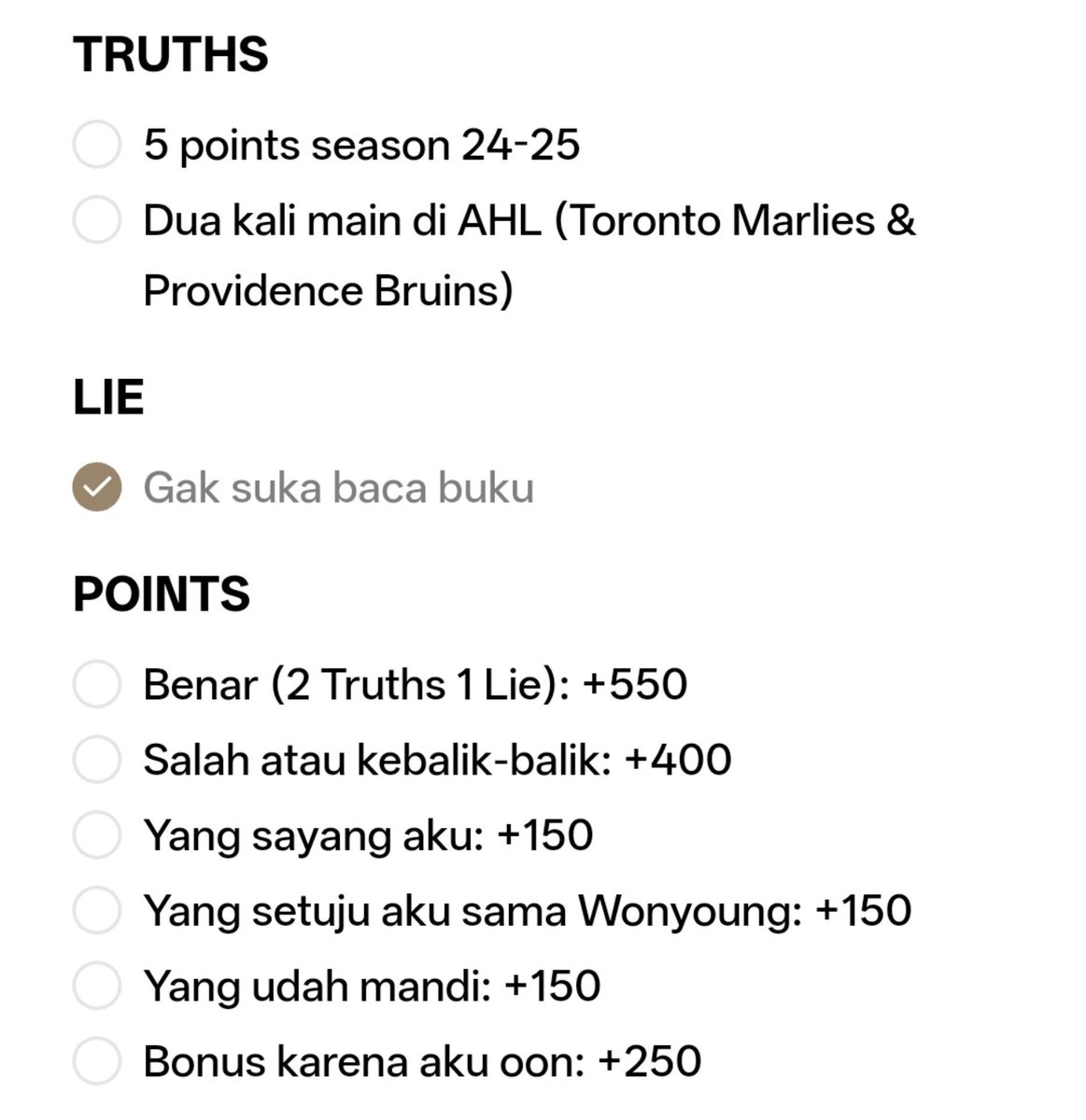 oon4fraser's tweet photo. Ini jawaban dan points. Jumlahin aja sesuai situasi dan kondisi 🫱🏻 https://t.co/Y6JvI08aLE