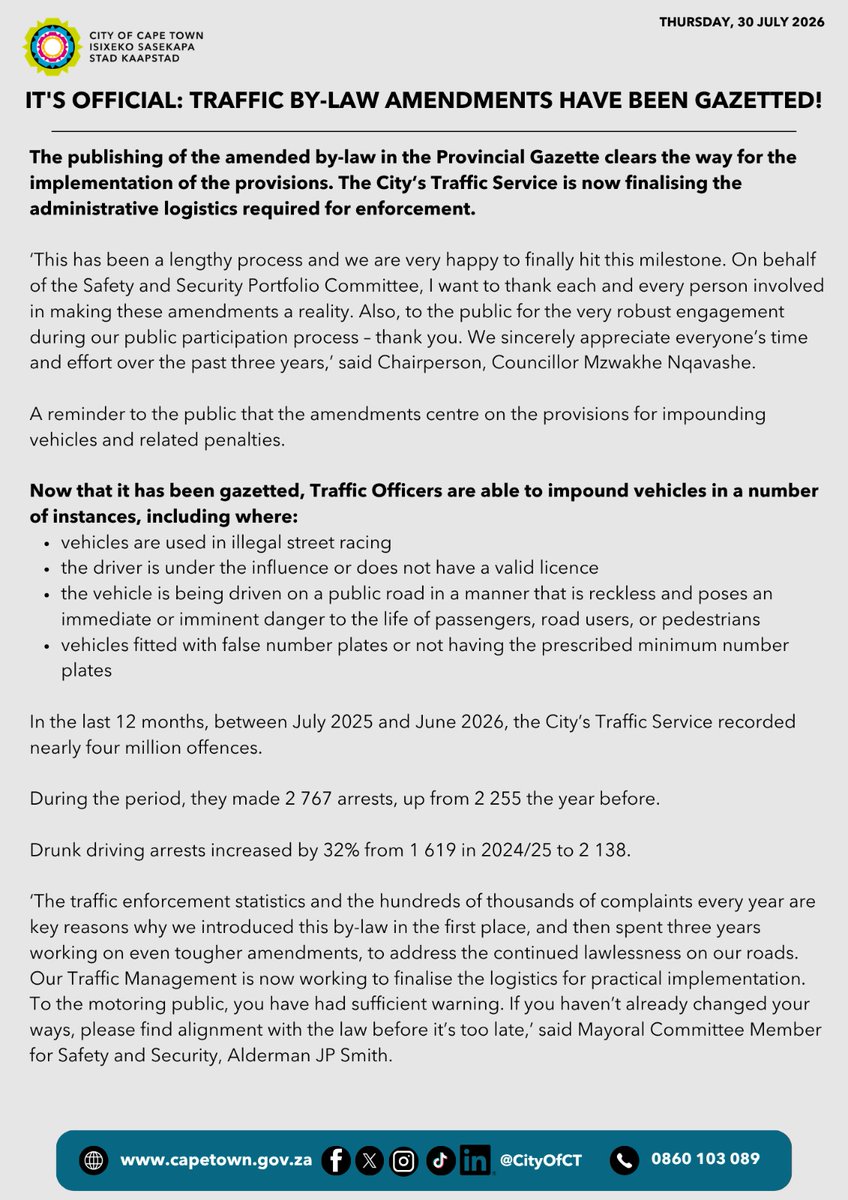 LudidiVelani's tweet photo. City of Cape Town traffic officers can now impound your vehicle if the driver is under the influence or does not have a valid licence. 
vehicle is used in illegal street racing
the vehicle is being driven on a public road in a manner that is reckless and poses an immediate or imminent danger to the life of passengers, road users, or pedestrians
vehicles fitted with false number plates or not having the prescribed minimum number plate. Previously, these were bookable (fine) offences.