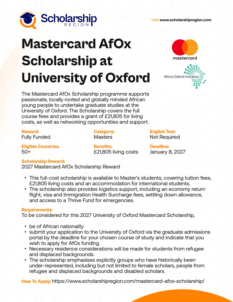 scholarsregion's tweet photo. United Kingdom Scholarships Without IELTS or TOEFL for International Students in 2026/27 #SRThread
Mastercard AfOx Scholarship at University of Oxford, UK 2027 | Fully Funded
https://t.co/wRLgFwhQhT
UK Government Chevening Scholarship 2027 | Fully Funded
https://t.co/CPQ7shk1mf
University of Birmingham Research Scholarship in UK 2027 | Fully Funded
https://t.co/mPlbKqjPj2
Rhodes West Africa Scholarship in UK 2027 | Fully Funded
https://t.co/4B1hklcsqq
University of Reading Global Sustainability Leaders Scholarship 2027 in UK
https://t.co/U42VLJOfoE
University of Warwick Postgraduate Research Scholarships in UK 2027 | Fully Funded
https://t.co/4Vt76SVcdt
Newcastle University Business Excellence Scholarship 2026 in UK
https://t.co/dHUadNTxo9
2027 Oxford Pershing Square Scholarship in UK (Fully Funded)
https://t.co/dw5uYIZWQO