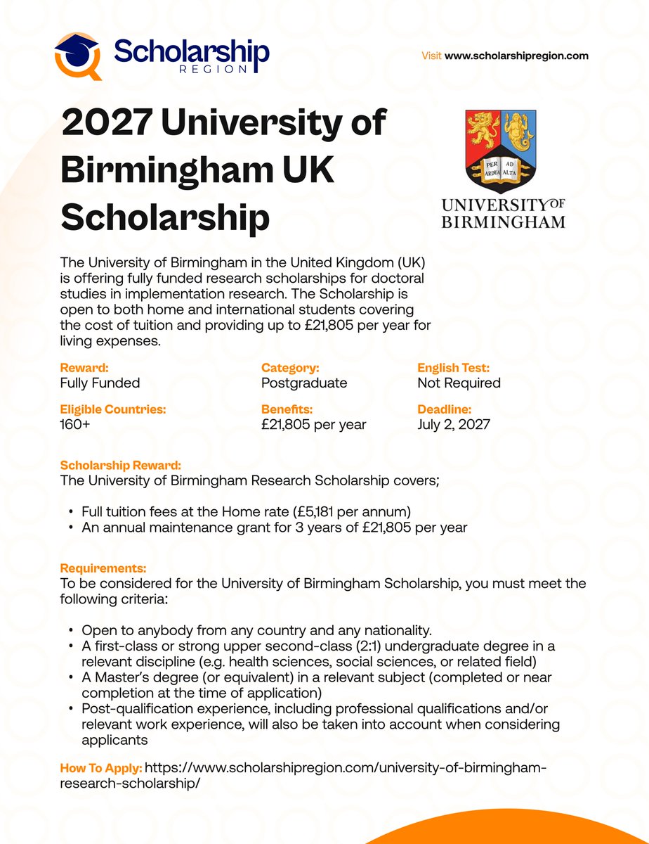 scholarsregion's tweet photo. United Kingdom Scholarships Without IELTS or TOEFL for International Students in 2026/27 #SRThread
Mastercard AfOx Scholarship at University of Oxford, UK 2027 | Fully Funded
https://t.co/wRLgFwhQhT
UK Government Chevening Scholarship 2027 | Fully Funded
https://t.co/CPQ7shk1mf
University of Birmingham Research Scholarship in UK 2027 | Fully Funded
https://t.co/mPlbKqjPj2
Rhodes West Africa Scholarship in UK 2027 | Fully Funded
https://t.co/4B1hklcsqq
University of Reading Global Sustainability Leaders Scholarship 2027 in UK
https://t.co/U42VLJOfoE
University of Warwick Postgraduate Research Scholarships in UK 2027 | Fully Funded
https://t.co/4Vt76SVcdt
Newcastle University Business Excellence Scholarship 2026 in UK
https://t.co/dHUadNTxo9
2027 Oxford Pershing Square Scholarship in UK (Fully Funded)
https://t.co/dw5uYIZWQO