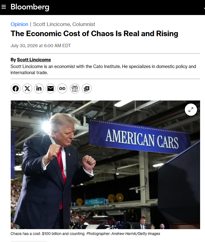 scottlincicome's tweet photo. My latest @opinion column examines how Trump's chaotic governing style - re tariffs/trade, foreign policy, personnel, and more - is costing the US economy tens of billions of dollars in delayed/foregone economic activity: https://t.co/C8bHxWYAKw (🎁) https://t.co/52azGeY4qZ