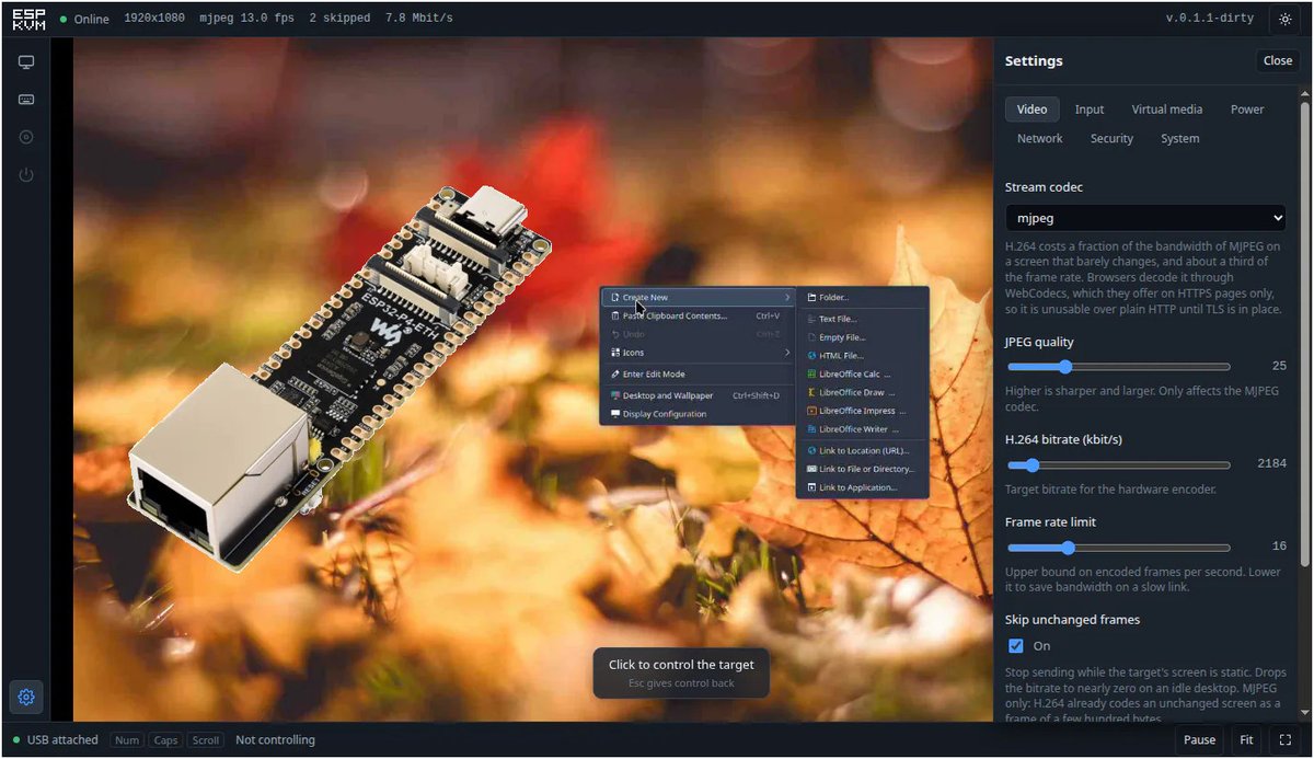 cnxsoft's tweet photo. Open-source IP KVM solution based on ESP32-P4
https://t.co/uGak1tyO9V

The ESP-KVM firmware runs on ESP32-P4 hardware with MIPI CSI and USB, like the Waveshare ESP32-P4-ETH board, connected to a Geekworm C790 MIPI CSI-to-HDMI board and a 2-channel PC817 optocoupler module for power/reset control.

You don't need any specific software on the host computer and can simply access a graphical user interface from your computer's web browser to access the target device.