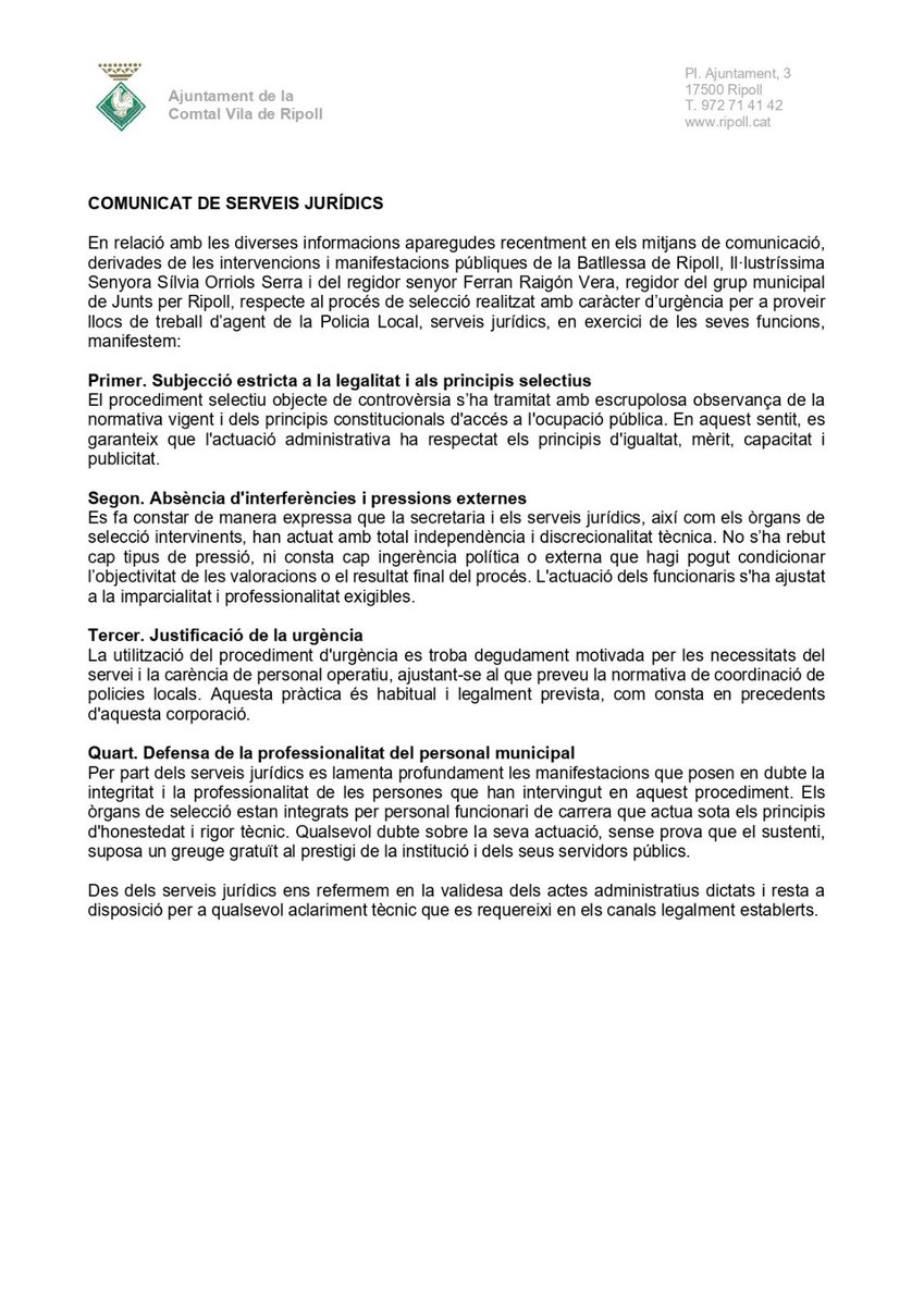 Aj_Ripoll's tweet photo. 🔉 L'Ajuntament de Ripoll informa que s'ha publicat un comunicat de Secretaria en relació amb les acusacions aparegudes en diversos mitjans sobre un procés de selecció d'una plaça d'agent de la Policia Local.

Podeu consultar-lo aquí:
https://t.co/b8YwsAgLeb https://t.co/mhaoKzz5Zf