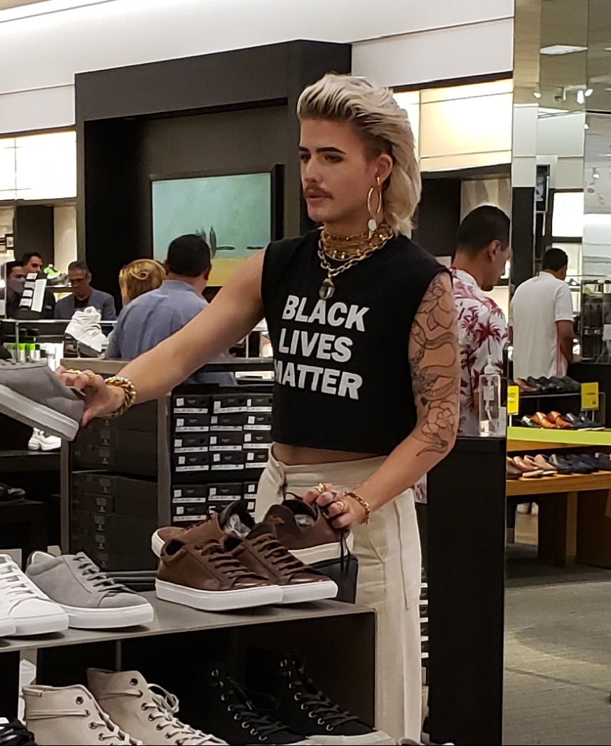 zonefive8's tweet photo. @marissastreit Nordstrom's is for woke customers only. I hope they go out of business.  I used to shop there. Never again. I'm tired of seeing freaks like this shoe salesman in my local store. https://t.co/55KizXq6o5