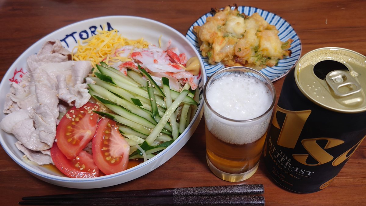 soi_n_one's tweet photo. 麺が見えないけど🧐🐷豚しゃぶのせの冷やし中華です🍻🍻
#晩酌 #X晩酌部 #減塩
#とにかく呑み隊 https://t.co/gCIUAkeipN