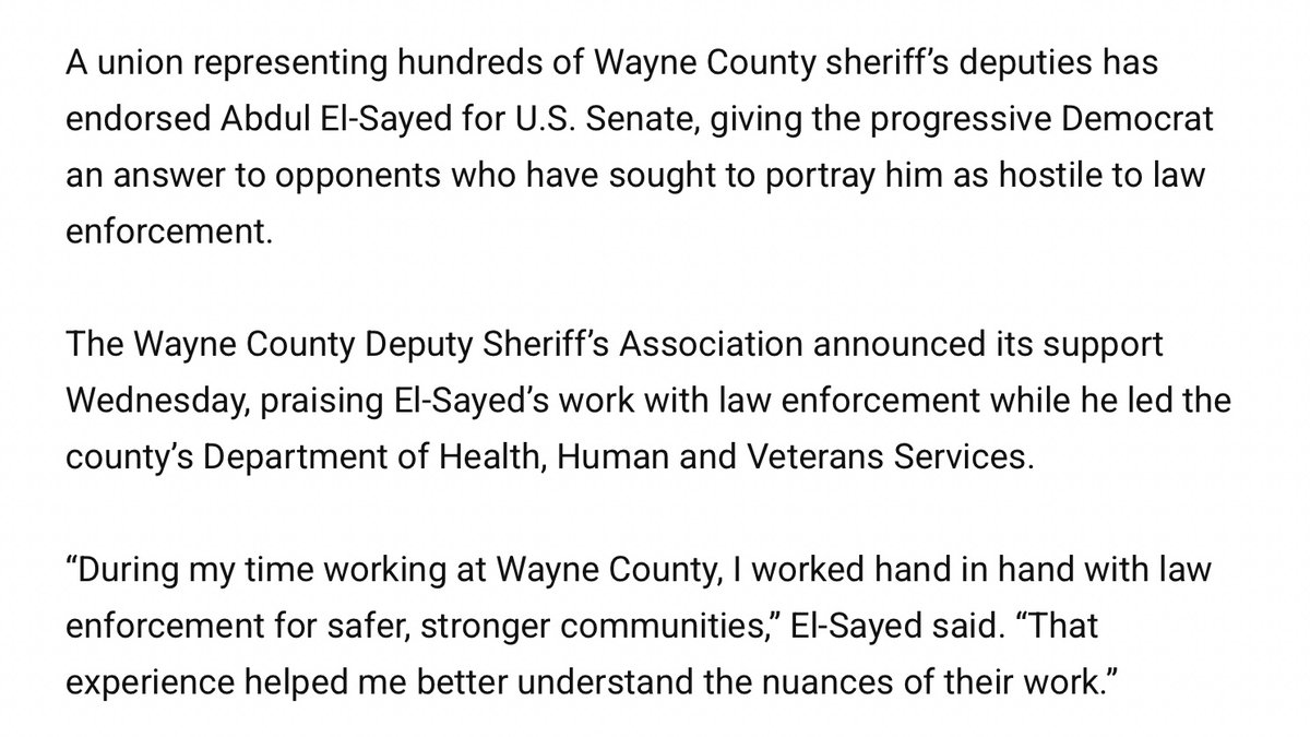 ZaidJilani's tweet photo. A large union of Wayne County cops just endorsed Abdul El Sayed.

This is how progressives win. https://t.co/PR3GdESFBb