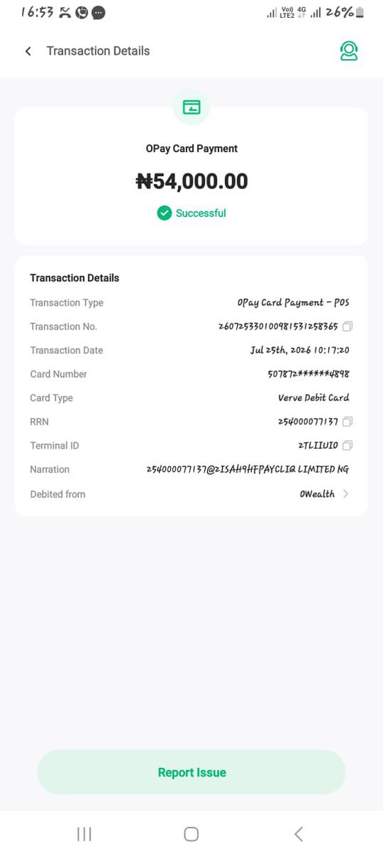 Aotoidee's tweet photo. Please treat…@opaybusiness @wemabank . Amount: NGN54,000.00 Date: Saturday 25th, July  2026 10:17AM Stan: 184755 Channel: WEMA BANK POS RRN: 254000077137
PAN: 507872******4898 Account Number: 7081287559 Account Name: EMEKA JOSEPH IROEGBU @cenbank @fccpcnigeria https://t.co/XlefzCIfaL