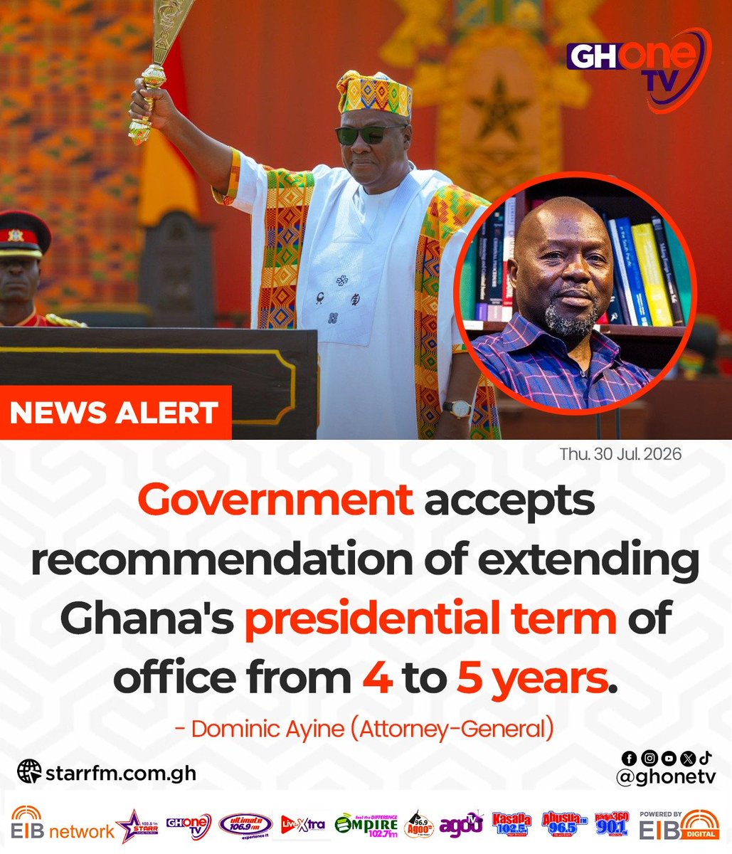 ghonetv's tweet photo. Government accepts recommendation of extending Ghana's presidential term of office from 4 to 5 years... - AG Ayine

#GHOneNews #EIBNetwork
#GHOneTV #NewsAlert https://t.co/F7U29NljEL