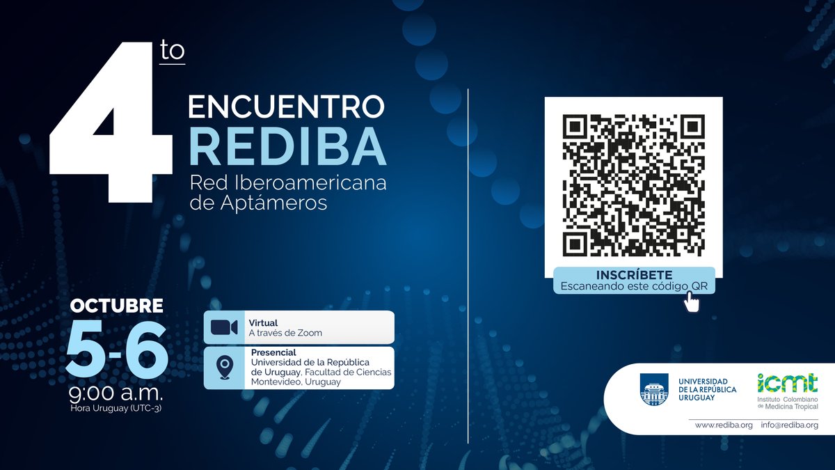 ICMTCES's tweet photo. Únete al 4to Encuentro de REDIBA para conocer los últimos avances en la investigación de aptámeros.
 
Te invitamos para que te agendes este 5 y 6 de octubre y nos acompañes de manera presencial o virtual.
 
📍Inscripciones abiertas
https://t.co/uEIsScROJa https://t.co/rwkXTIXdOt