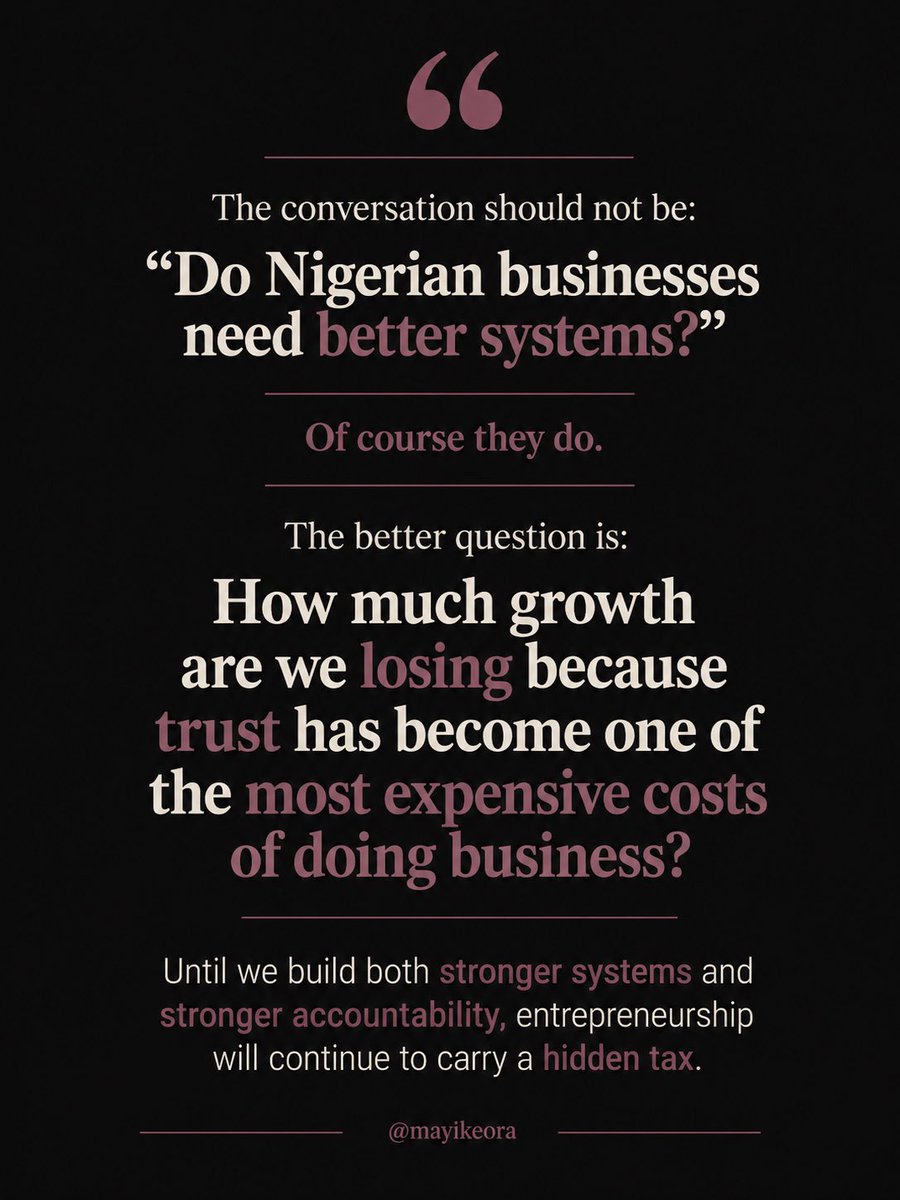 mayikeora's tweet photo. I would love to hear your perspective.

Do you think the biggest challenge facing Nigerian businesses today is weak systems, weak accountability, or a combination of both? https://t.co/PE17huRKTb