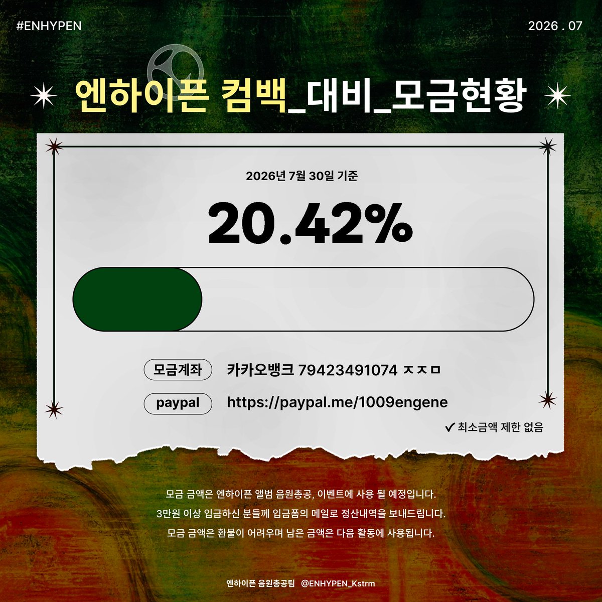 ENHYPEN_Kstrm's tweet photo. 💛 모금액 현황 안내 (20260730)

🔥 D-22 🔥

엔하이픈의 미니 8집,
THE SIN : BLISS 앨범 발매를 대비한 모금이 
약 20.42% 완료되었습니다‼️

💰 모금
https://t.co/Os58vC7nT7

💰 계좌
카카오뱅크 79423491074 ㅈㅈㅁ
PayPal https://t.co/Os94wQogPU 

모금률 20% 달성!!!
엔진 한 분 한 분의 참여가 큰 힘이 됩니다 🤍

#엔하이픈 #ENHYPEN
#THE_SIN_BLISS