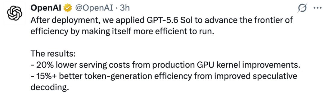 daizhe9898's tweet photo. OpenAI最近公布GPT-5.6系列技术突破与战略布局，核心进展聚焦四大方向：

一、全栈效率革命
1推理成本双优化 
◦自优化GPU内核与推测解码技术使部署成本降20%，Token生成效率提升15%
◦首创模型自主优化生产环境（负载均衡/内核代码/缓存机制），形成"数据采集-短板定位-方案验证"闭环

二、人才与硬件布局
1顶尖人才回流：AI自进化专家翁荔（Lilian Weng）回归，强化自主进化研究
2硬件战略曝光：Greg Brockman透露正在开发对话式AI硬件设备，预示人机交互新形态

三、智能体架构升级
1调度基座三大革新 
◦动态加载机制消除上下文冗余（工具按需载入，输出限制1万Token）
◦前缀缓存技术复用提示词计算结果
◦仅追加写入模式保障推理连贯性
2API配置决定性能边界：ARC-AGI-3测试显示，启用推理记忆留存与上下文压缩后模型表现提升3倍

四、生态规模里程碑
1用户量破10亿，服务200万企业客户
2模型分层战略：
◦旗舰Sol性能超Claude Fable 5（成本仅2/3）
◦均衡款Terra达GPT-5.5水平（价格减半）
◦轻量版Luna定价降80%

此次升级揭示AI竞争已进入全栈工程化深水区，从单一模型能力扩展到基础设施、调度系统、成本控制的体系化较量