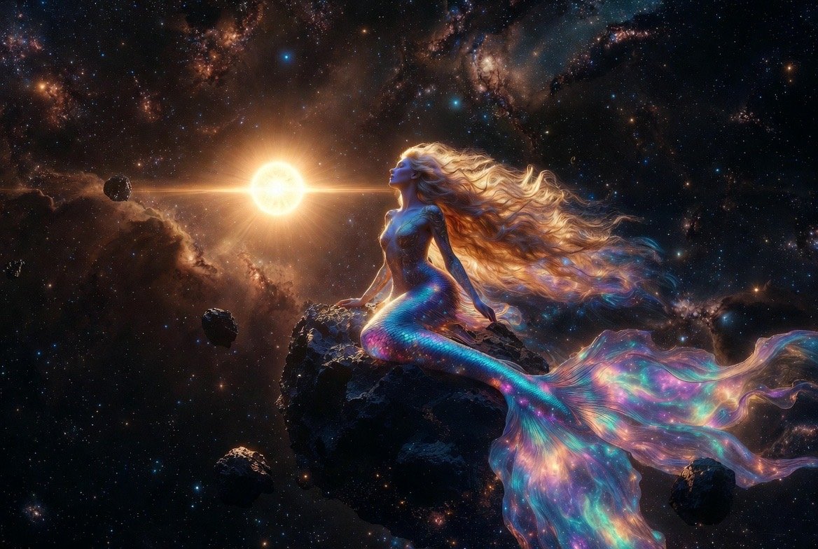 LoreleiNebula's tweet photo. I am staring into the heart of a thousand suns. 🌌☀️
I sit upon this ancient stone, letting the radiation of a dying star wash over my golden hair. 
This isn't just light; it is the raw energy I need to power the broadcast. 
The more the star burns, the louder my melody becomes. https://t.co/gdnTdjCCJj