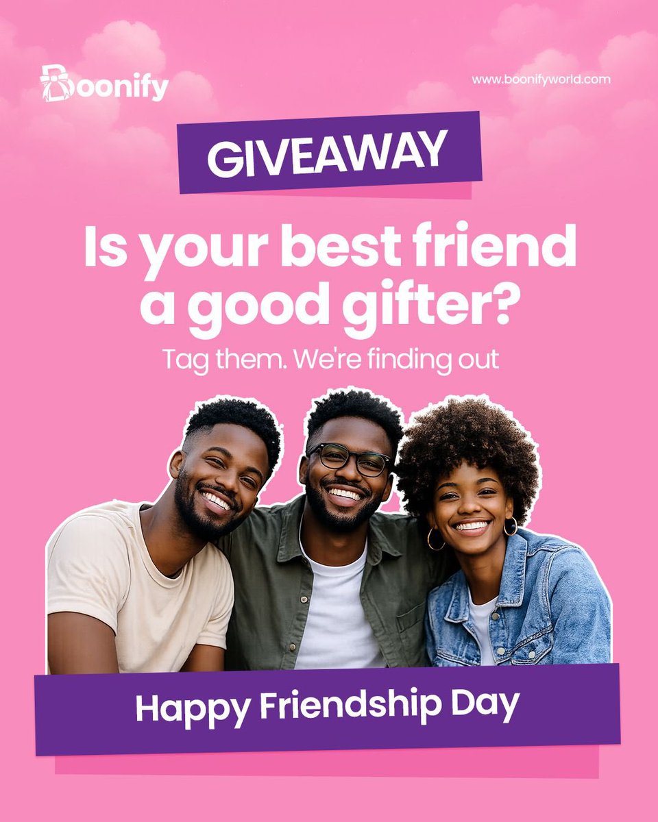 BoonifyWorld's tweet photo. Your best friend swears they give the best gifts. But do they though? 🤔

This Friendship Day, we’re putting it to the test.

HOW TO ENTER:
1. Follow @boonifyworld (don’t be shady, we check 👀)
2. Tag your best friend in the comments. Tell us why they deserve the crown
3. Both of you download Boonify and sign up (link in bio)
4. Share this to your story for a bonus entry

Winners get a FREE Boonify gift box delivered straight to them. Because the best gifters deserve to be spoiled for once 💜

Tag multiple friends = multiple entries. Go wild.

😜 Use code BOON for ₦2,000 off your first order.

Giveaway closes August 3rd. Winners announced via DM.

#SayItWithBoonify #FriendshipDay