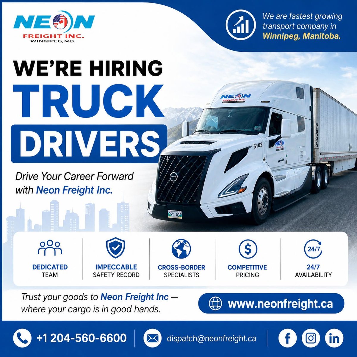NeonFreightinc's tweet photo. Join a team that keeps North America moving!

#NeonFreightINC ⭐⭐⭐⭐⭐

📩 Send your application: operations@neonfreight.ca
📞 Call us at: 204 955 5434
🌐 https://t.co/uAblhFtLVC

#Logistics #FreightForwarding #ShippingSolutions #SupplyChain #TruckingCompany #FreightBroker https://t.co/gHreQv0Rav