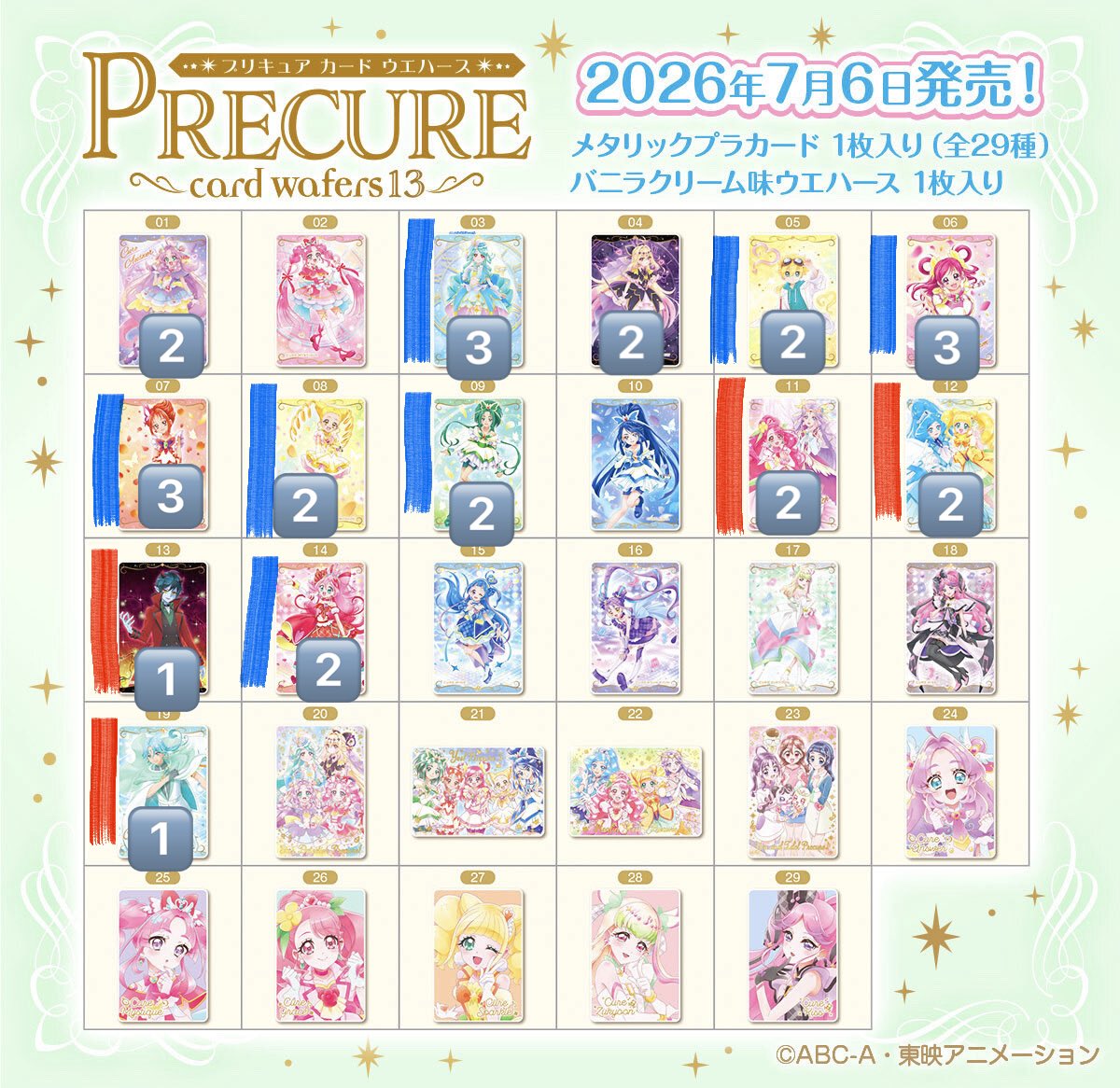 rina_TH0226's tweet photo. プリキュア 交換 ウエハース13

譲→画像のもの
求→100/枚＋送料またはHRウインク

都内手渡し、郵送可能
・買取の場合
🔴>🔵を多く含む方優先
アルカは他5枚🔴含む https://t.co/EdSHYtP1HE