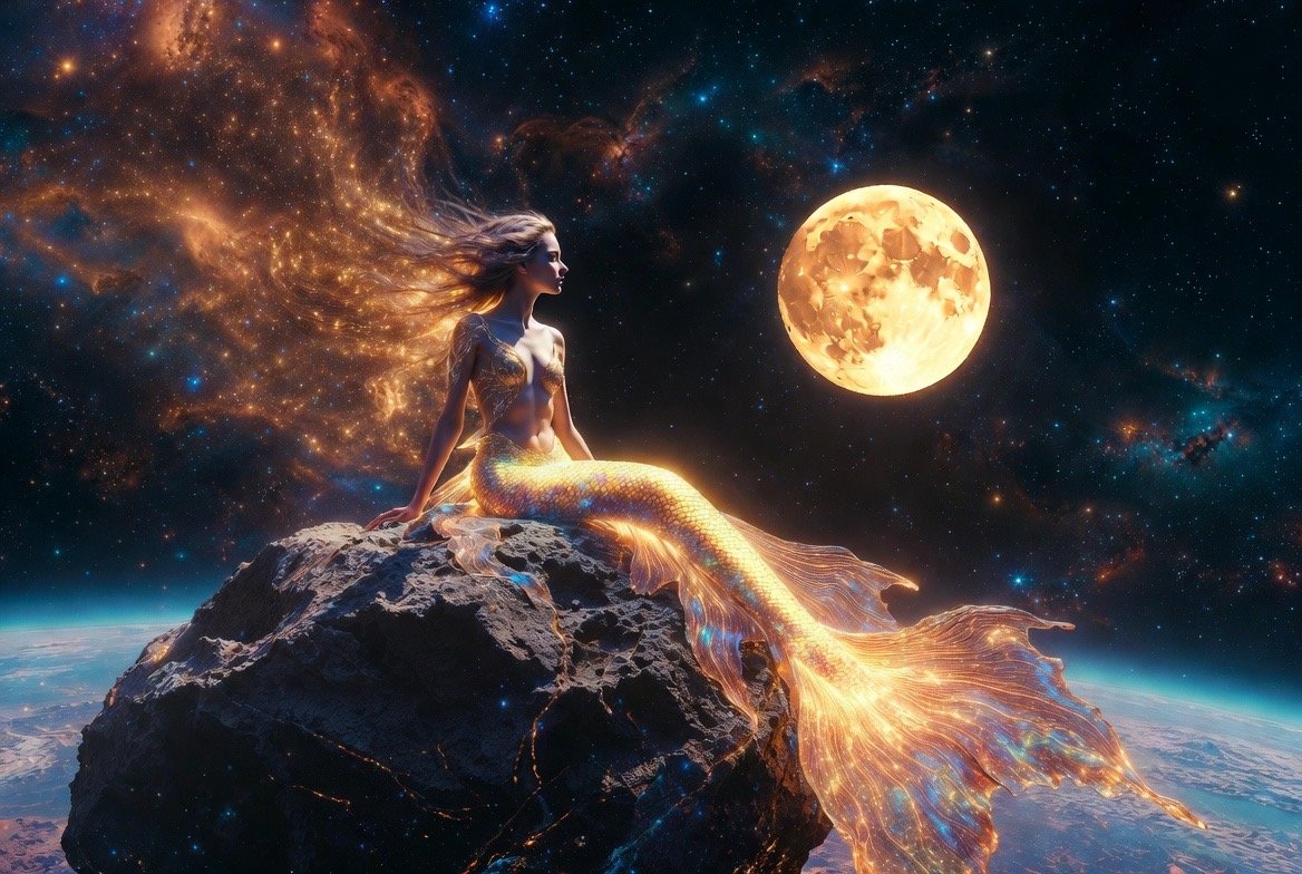LoreleiNebula's tweet photo. I am watching you from the silver shore. 🌌🌙
The moon is my mirror tonight, catching the golden glow of my nebula and reflecting it directly into your atmosphere. 
I sit on this drifting throne, timing my melody to the rhythm of your tides. 🧜‍♀️✨

 Lorelei 🧜‍♀️
#LoreleiNebula #Luna https://t.co/Bv6f8HFjOV