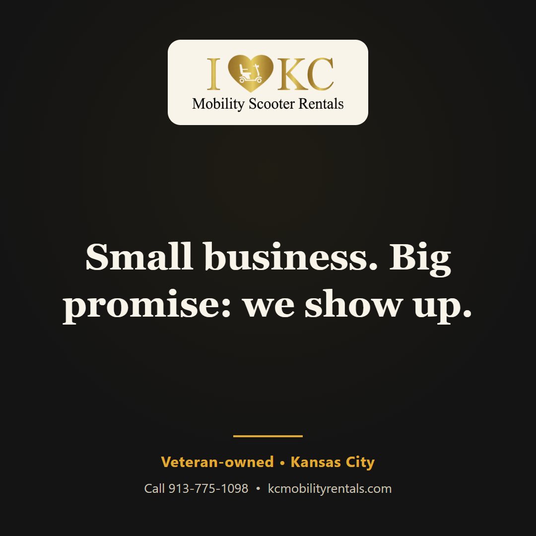 MobilityKC's tweet photo. Small business. Big promise: we show up. We rent mobility scooters, wheelchairs, knee scooters, rollators and transport chairs — delivered to your hotel across the Kansas City metro. Call 913-775-1098. #KansasCity #MobilityScooterRental #WheelchairRental #Mobility #Disability https://t.co/6qrtEF7lzT