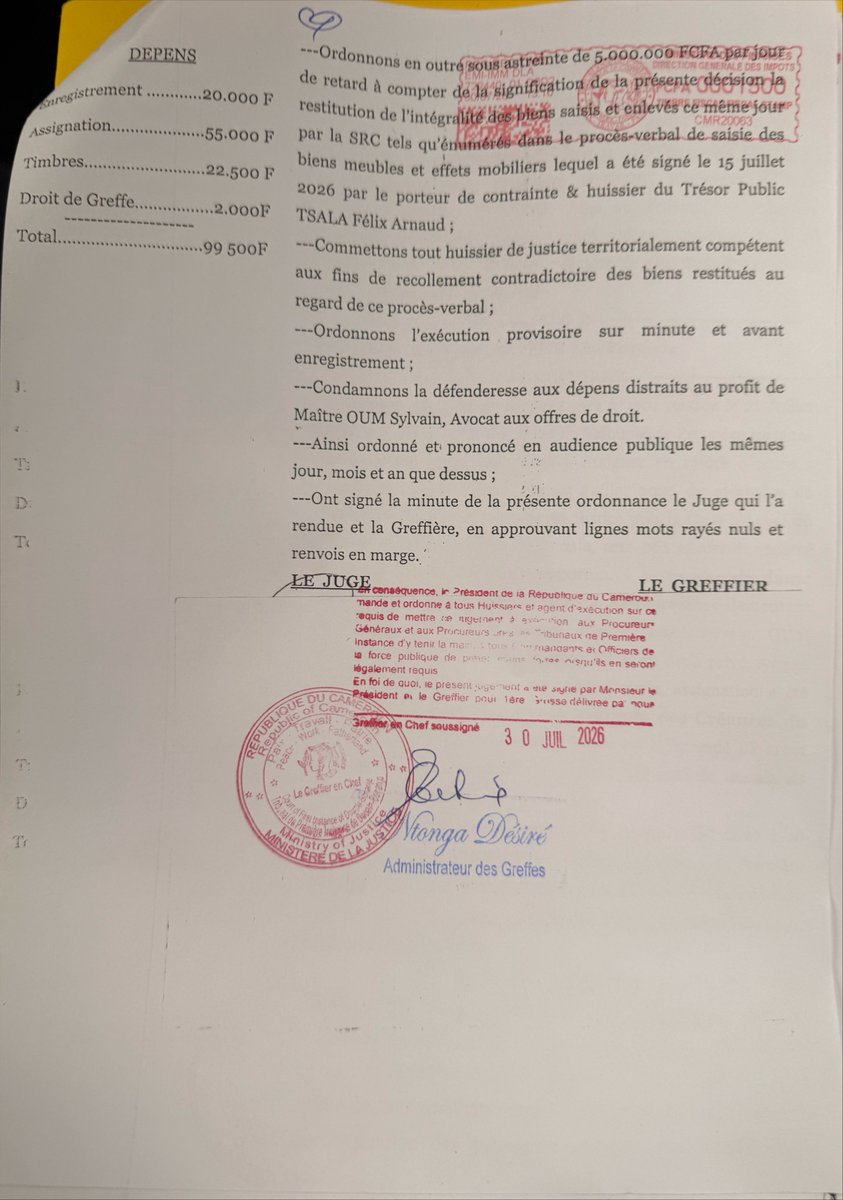 africatechie's tweet photo. J’ai gagné contre la SRC. 🔥

Le 29 juillet 2026, le tribunal a ordonné la levée immédiate des scellés et la restitution intégrale de tous les biens saisis sous astreinte de 5 millions de FCFA par jour de retard, avec exécution provisoire.

Dans sa décision de 27 pages, la juge a qualifié les actes posés le 15 juillet 2026 par la SRC de « violation outrageuse des lois et règlements en vigueur,  constitutifs de voie de fait criarde et manifeste ; »