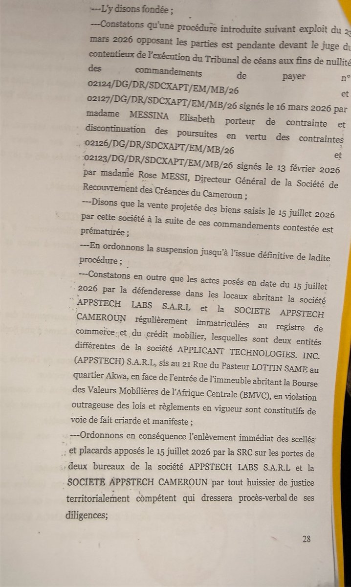 africatechie's tweet photo. J’ai gagné contre la SRC. 🔥

Le 29 juillet 2026, le tribunal a ordonné la levée immédiate des scellés et la restitution intégrale de tous les biens saisis sous astreinte de 5 millions de FCFA par jour de retard, avec exécution provisoire.

Dans sa décision de 27 pages, la juge a qualifié les actes posés le 15 juillet 2026 par la SRC de « violation outrageuse des lois et règlements en vigueur,  constitutifs de voie de fait criarde et manifeste ; »